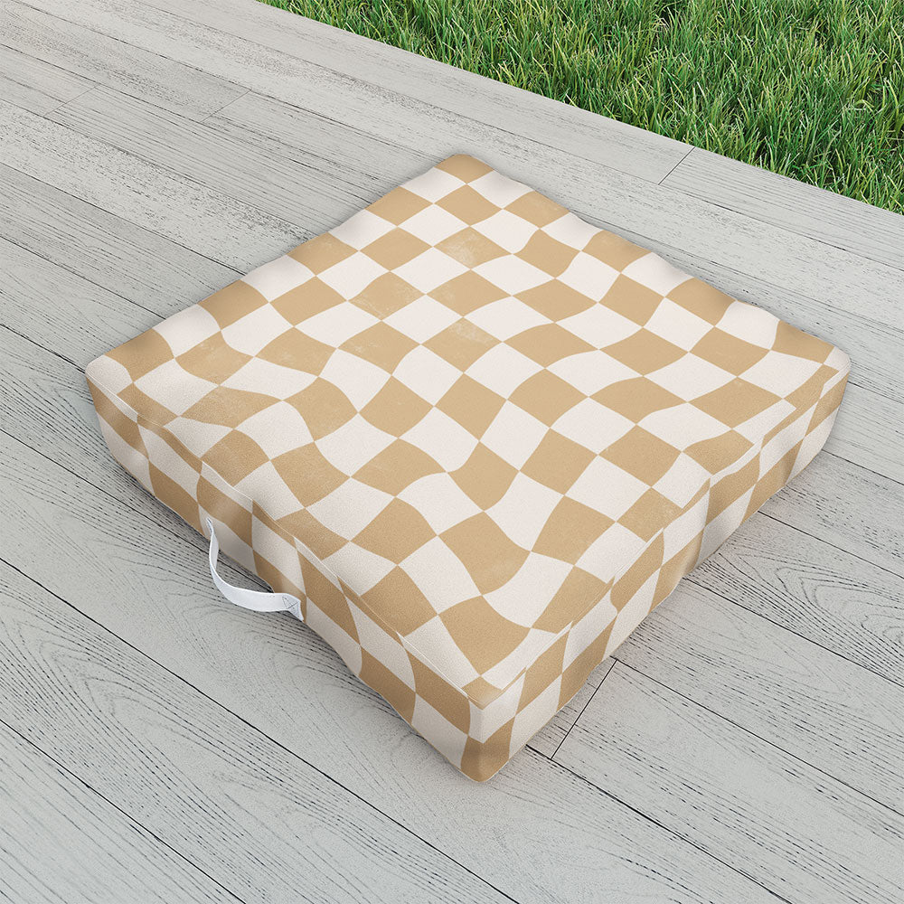 Avenie Warped Checkerboard Tan Outdoor Floor Cushion
