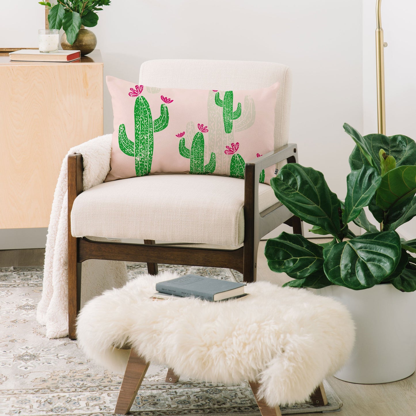 Bianca Green Linocut Cacti 2 Blooming Oblong Throw Pillow