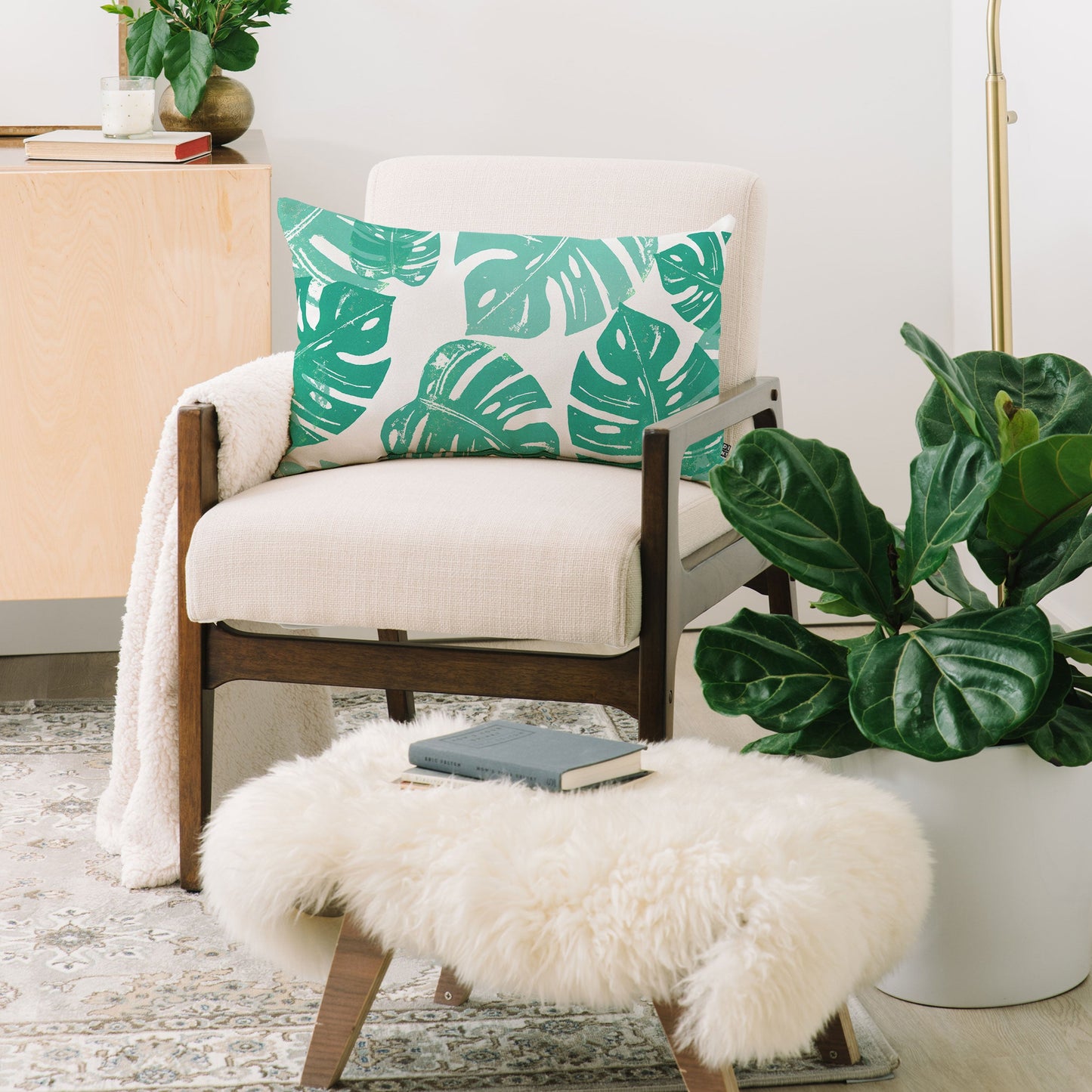 Bianca Green Linocut Monstera Oblong Throw Pillow