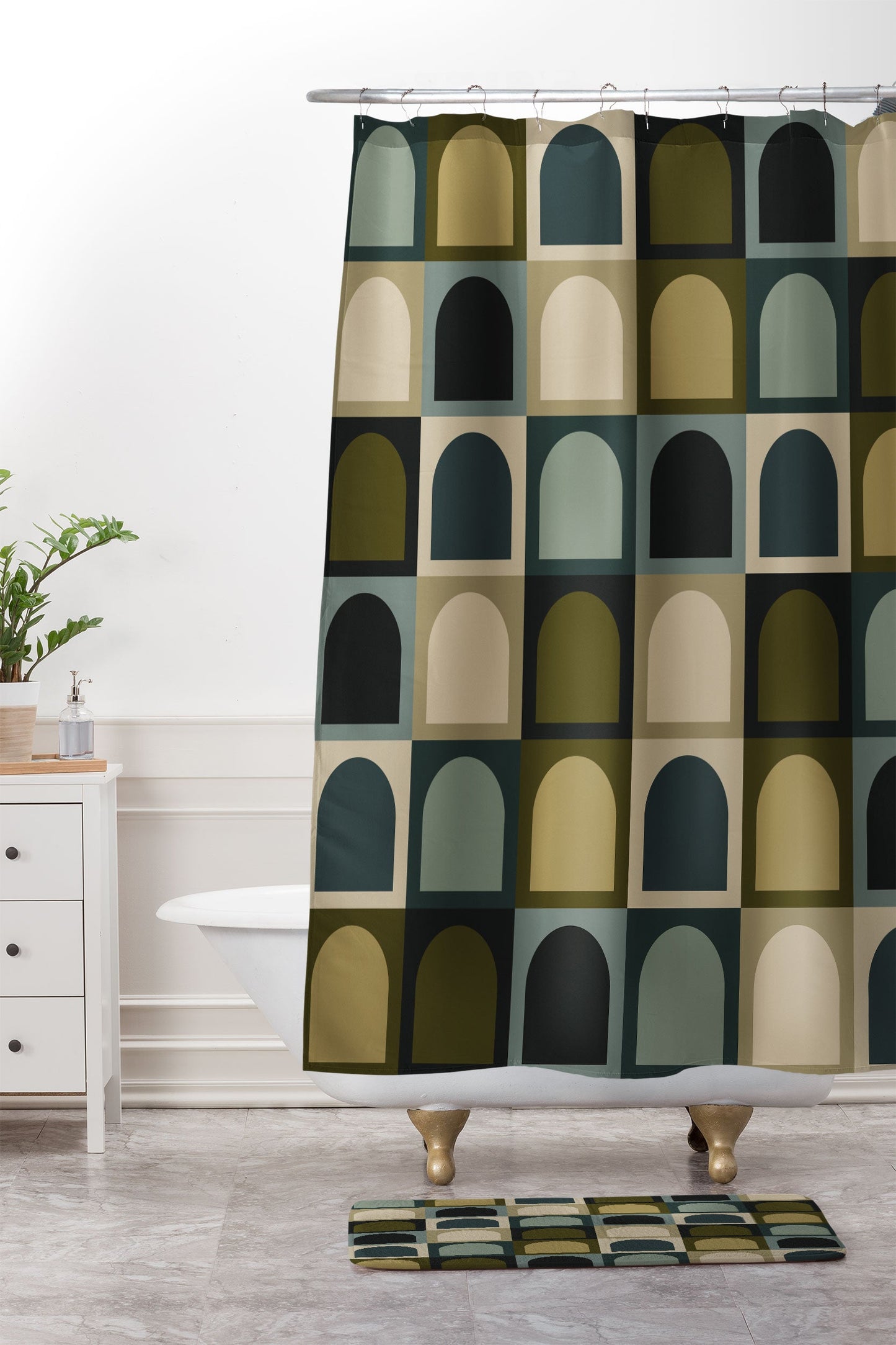 Colour Poems Checker Arches II Earthy Tones Shower Curtain And Mat