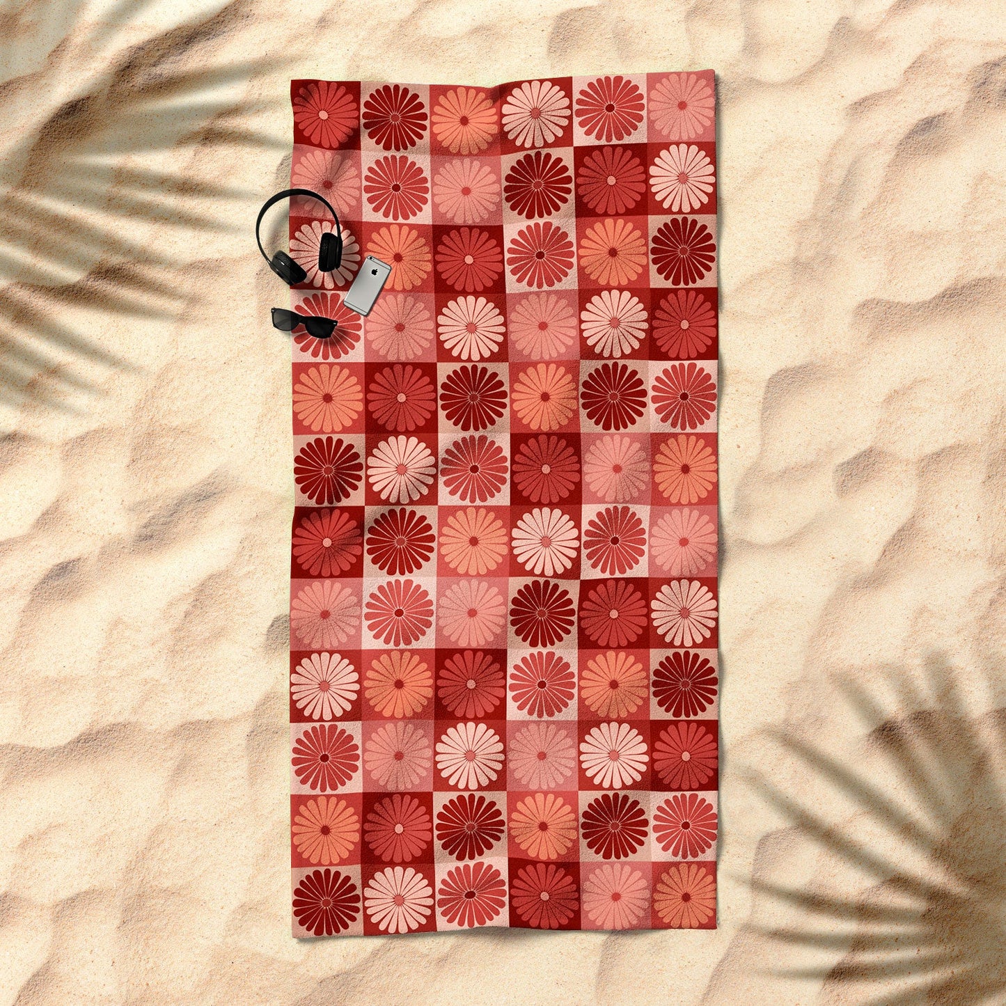 Colour Poems Checker Daisies I Red Pink Beach Towel