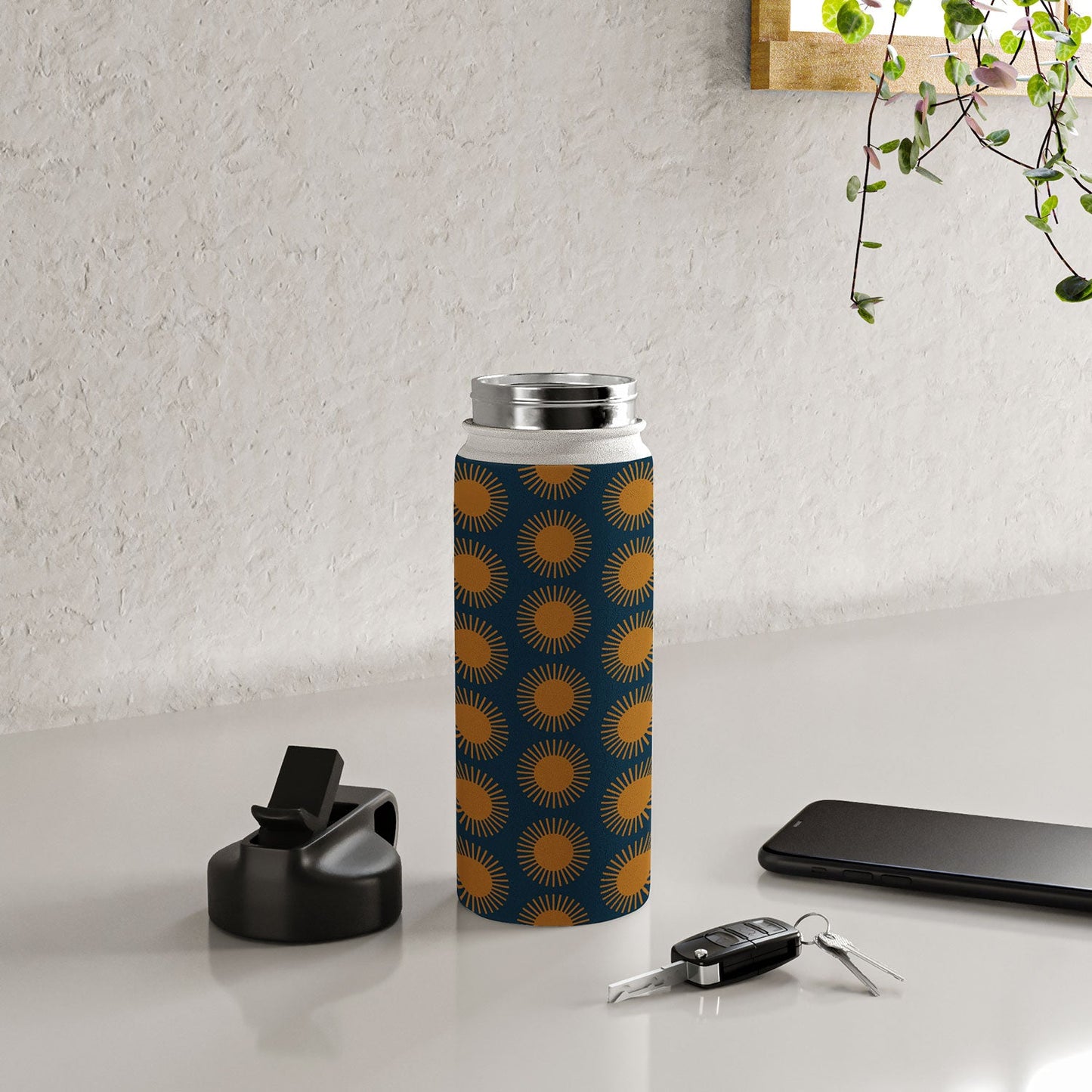 Colour Poems Cheerful Sun Pattern Navy Blue Water Bottle
