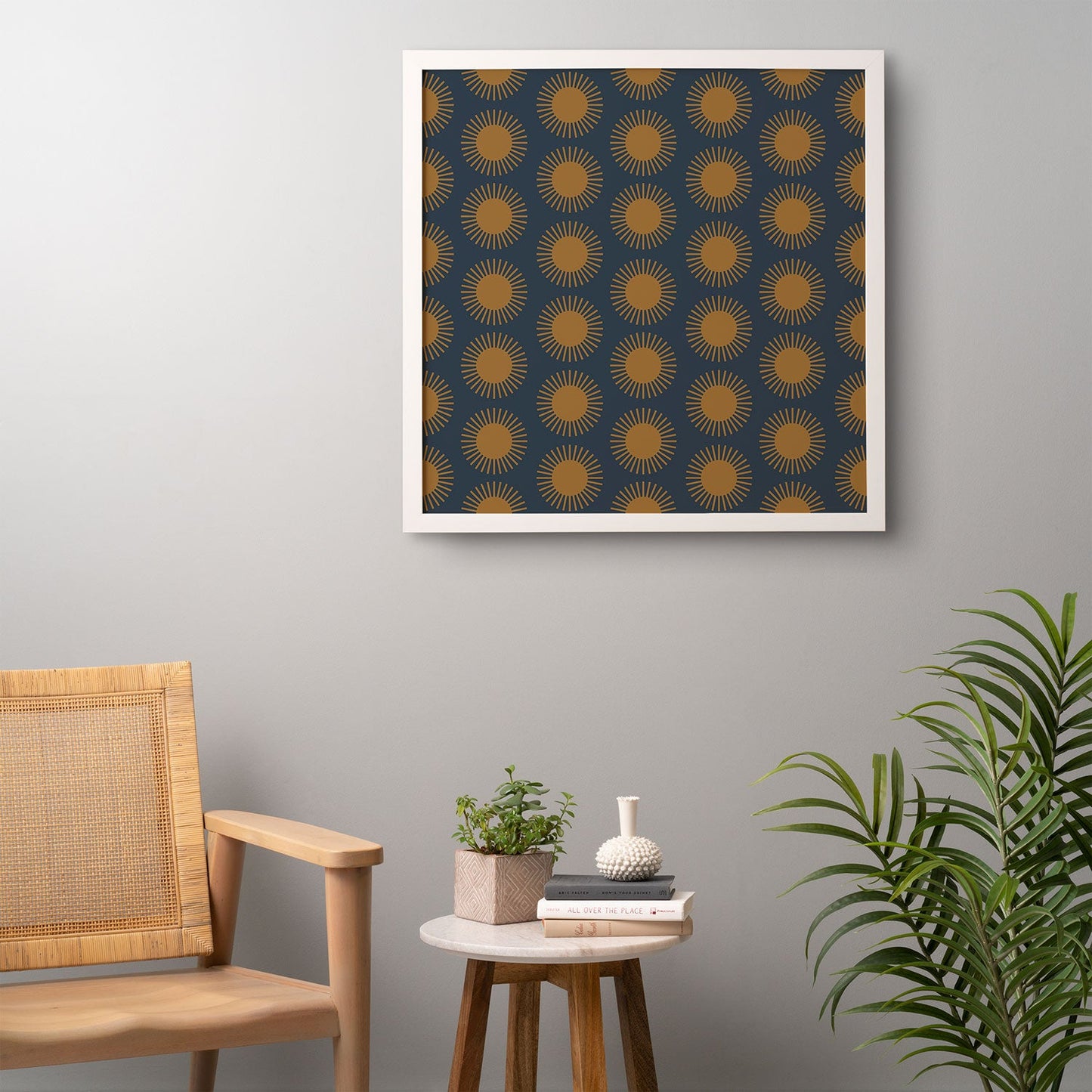 Colour Poems Cheerful Sun Pattern Navy Blue Framed Wall Art