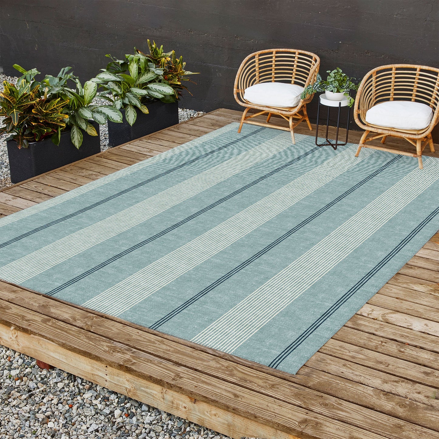 Little Arrow Design Co ivy stripes dusty blue Outdoor Rug