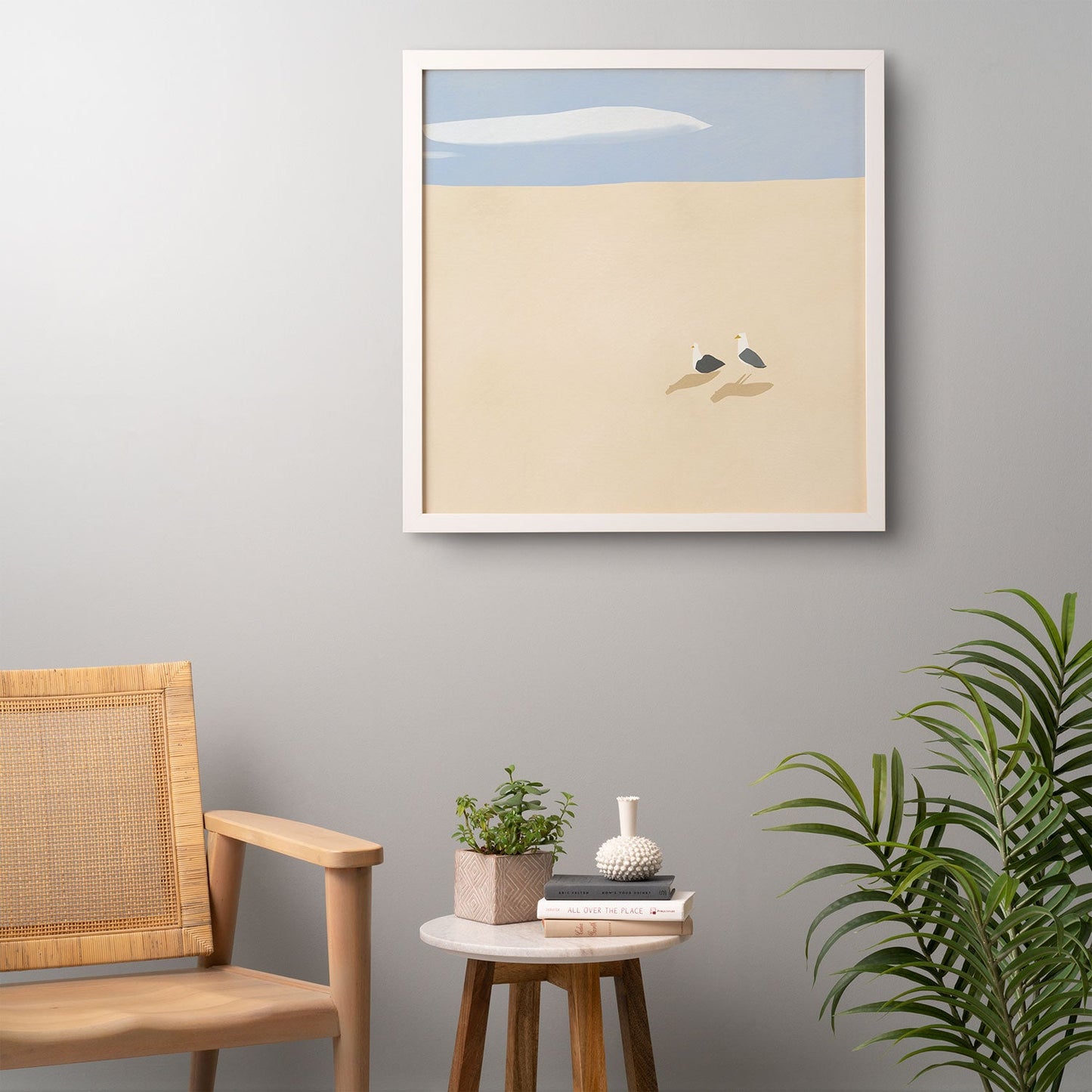 Little Dean Minimal sand beach with seagull Framed Wall Art