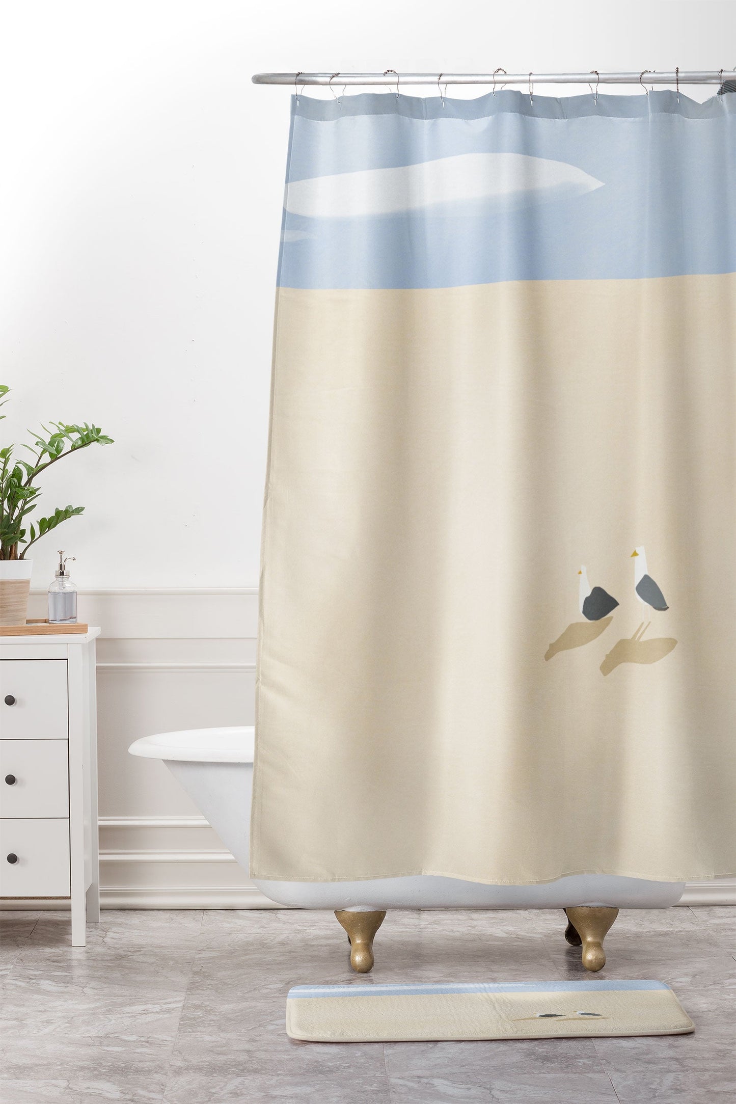 Little Dean Minimal sand beach with seagull Shower Curtain And Mat