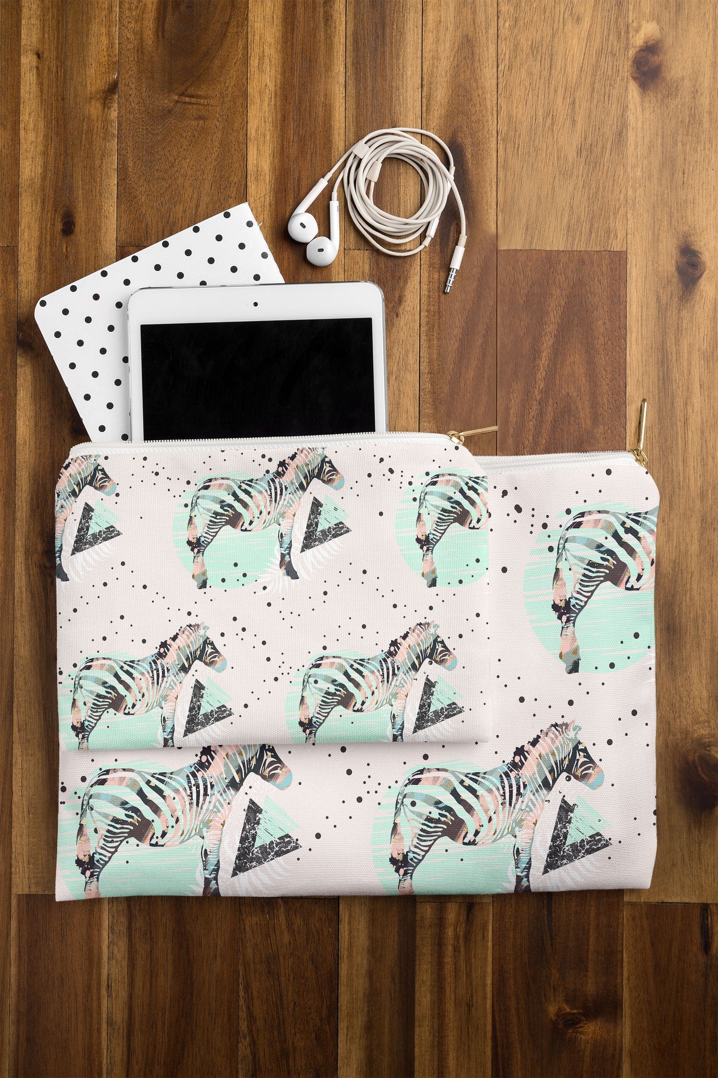 Marta Barragan Camarasa Geometric zebra and plant pattern Pouch