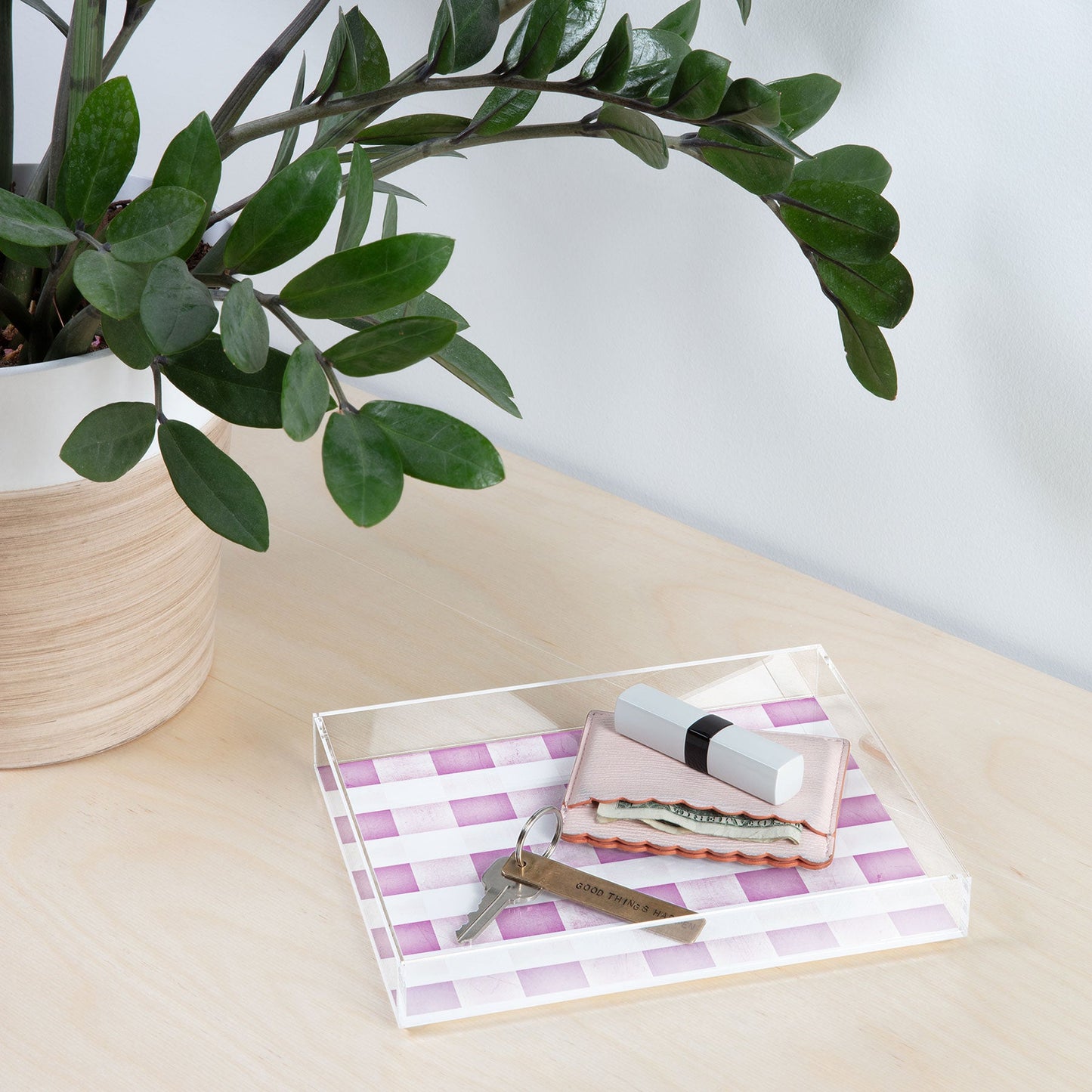 Monika Strigel FARMHOUSE SHABBY GINGHAM PALE PINK CHECKERED PLAID Acrylic Tray