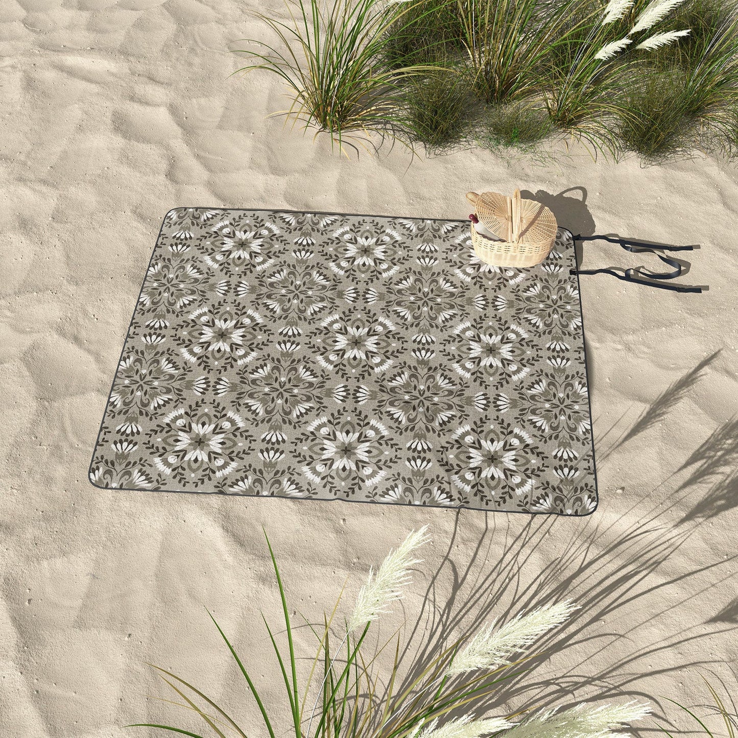 Pimlada Phuapradit Floral Tiles Gray Picnic Blanket