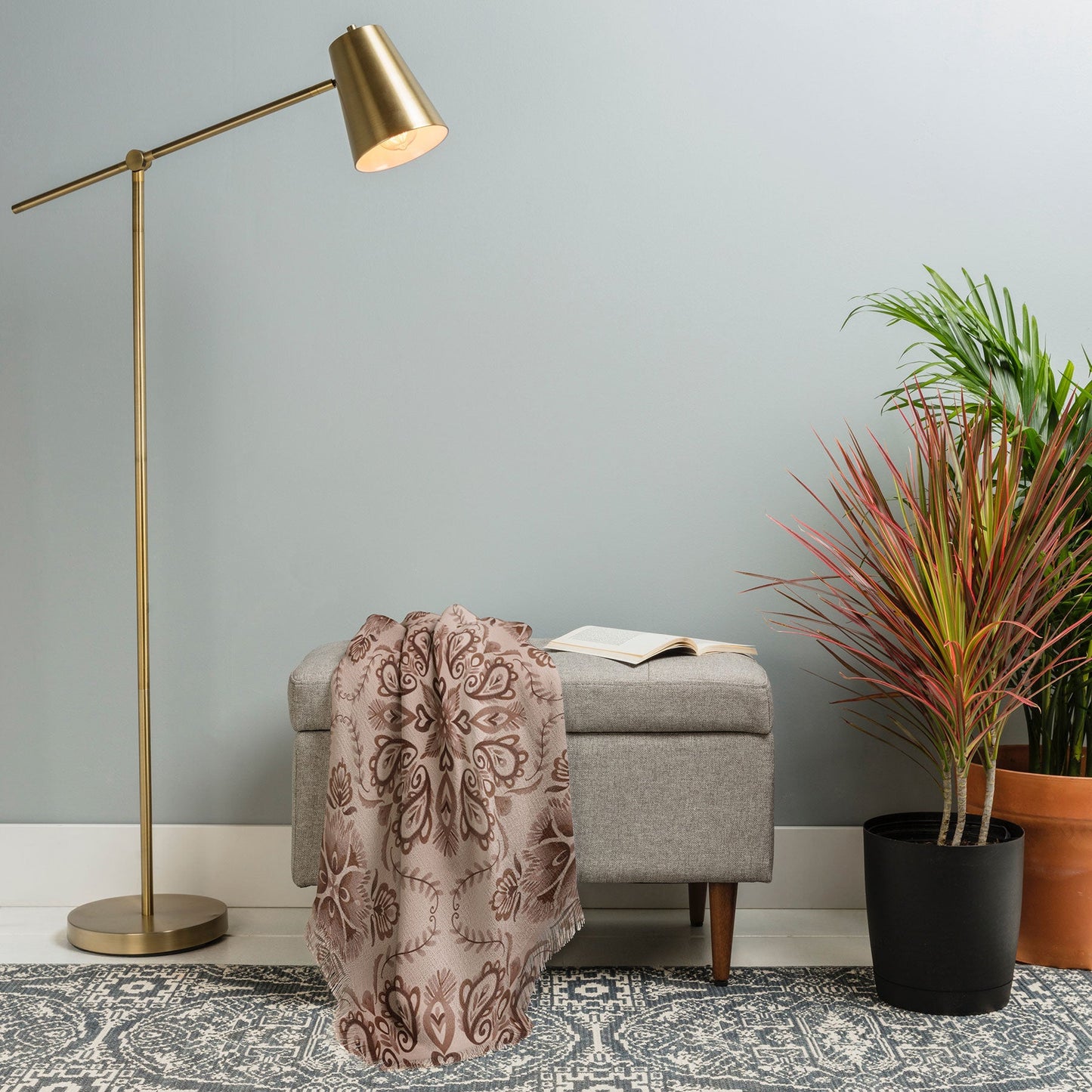 Pimlada Phuapradit Floral Tiles Light Brown Throw Blanket