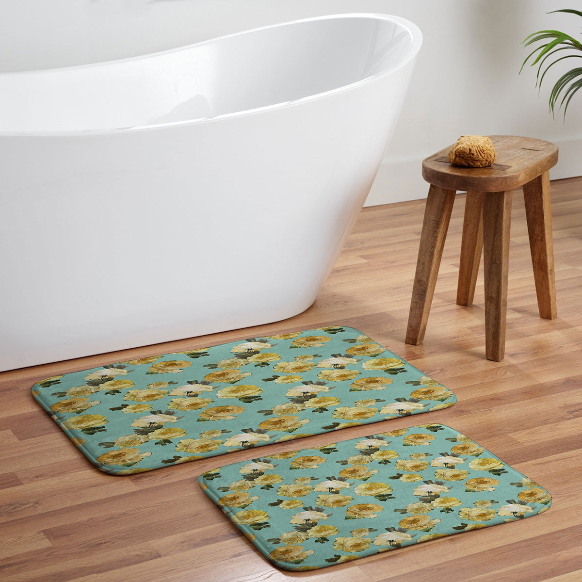 Tina Salazar Yellow Roses in Sage Green Memory Foam Bath Mat