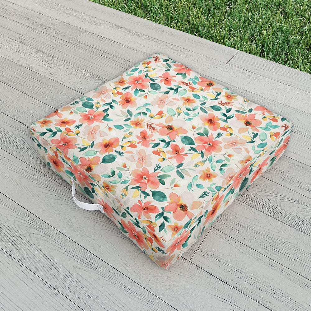 Ninola Design Botanic Retreat Tropical Whimsical Flowers Coral Green Outdoor Floor Cushion