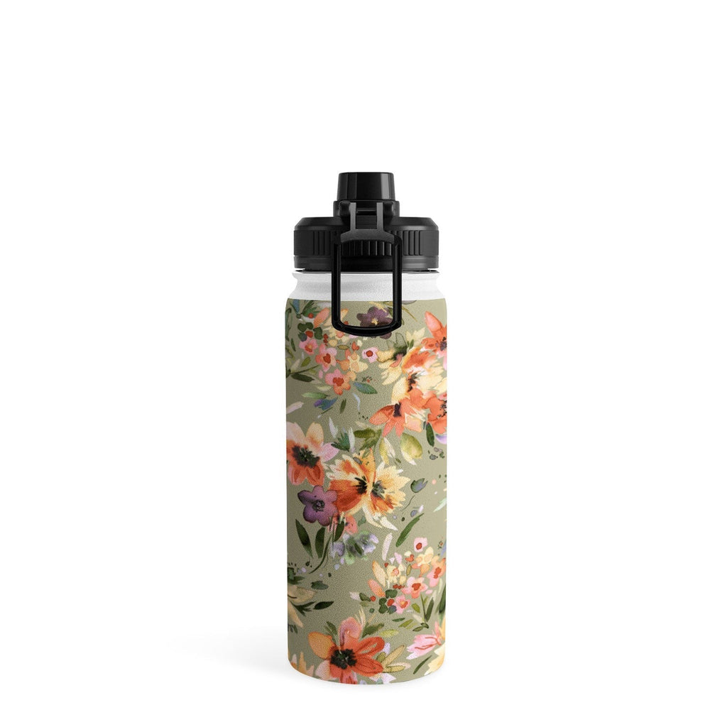 Ninola Design Botanic Retreat Painterly Tropical Flowers Sage Green Water Bottle