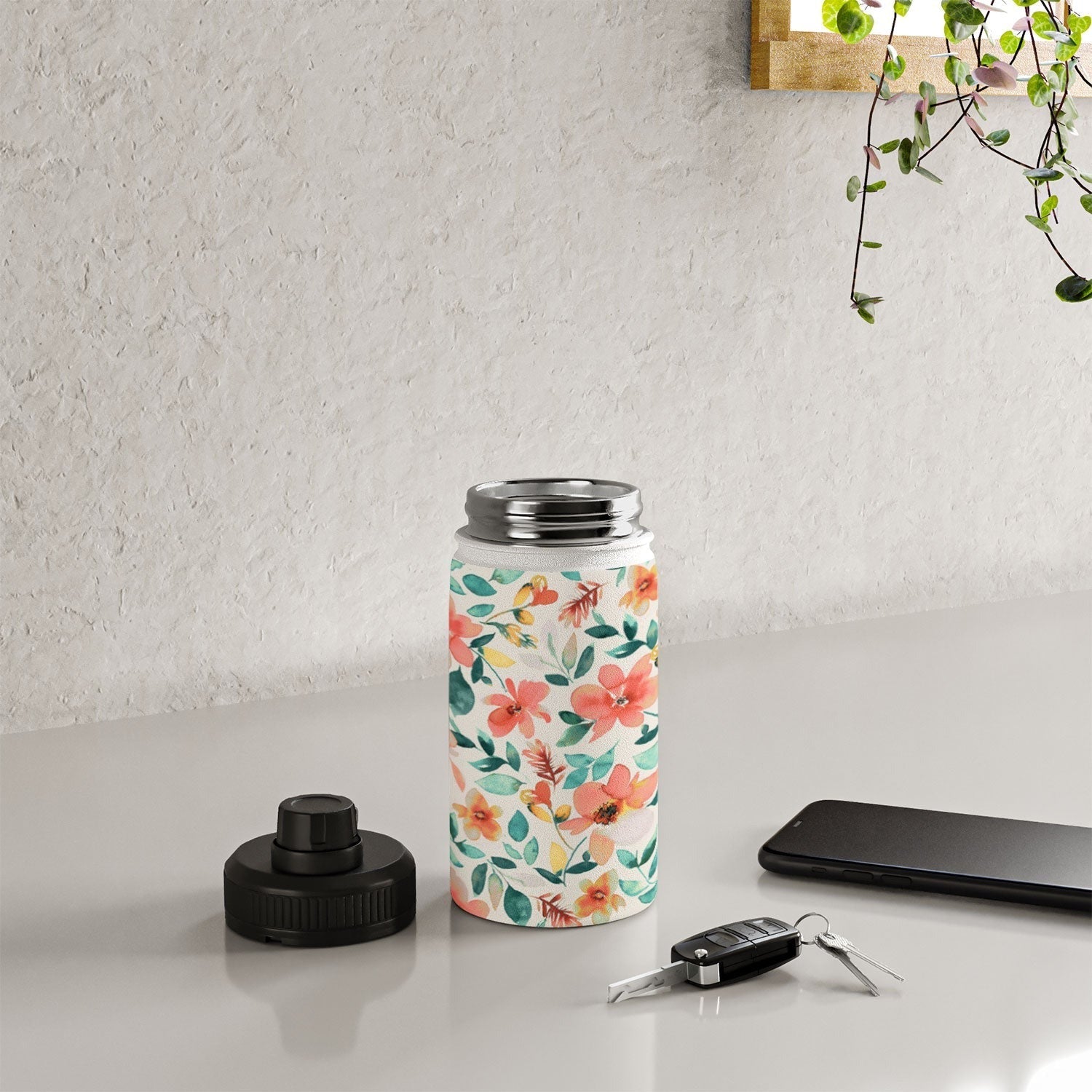 Ninola Design Botanic Retreat Tropical Whimsical Flowers Coral Green Water Bottle