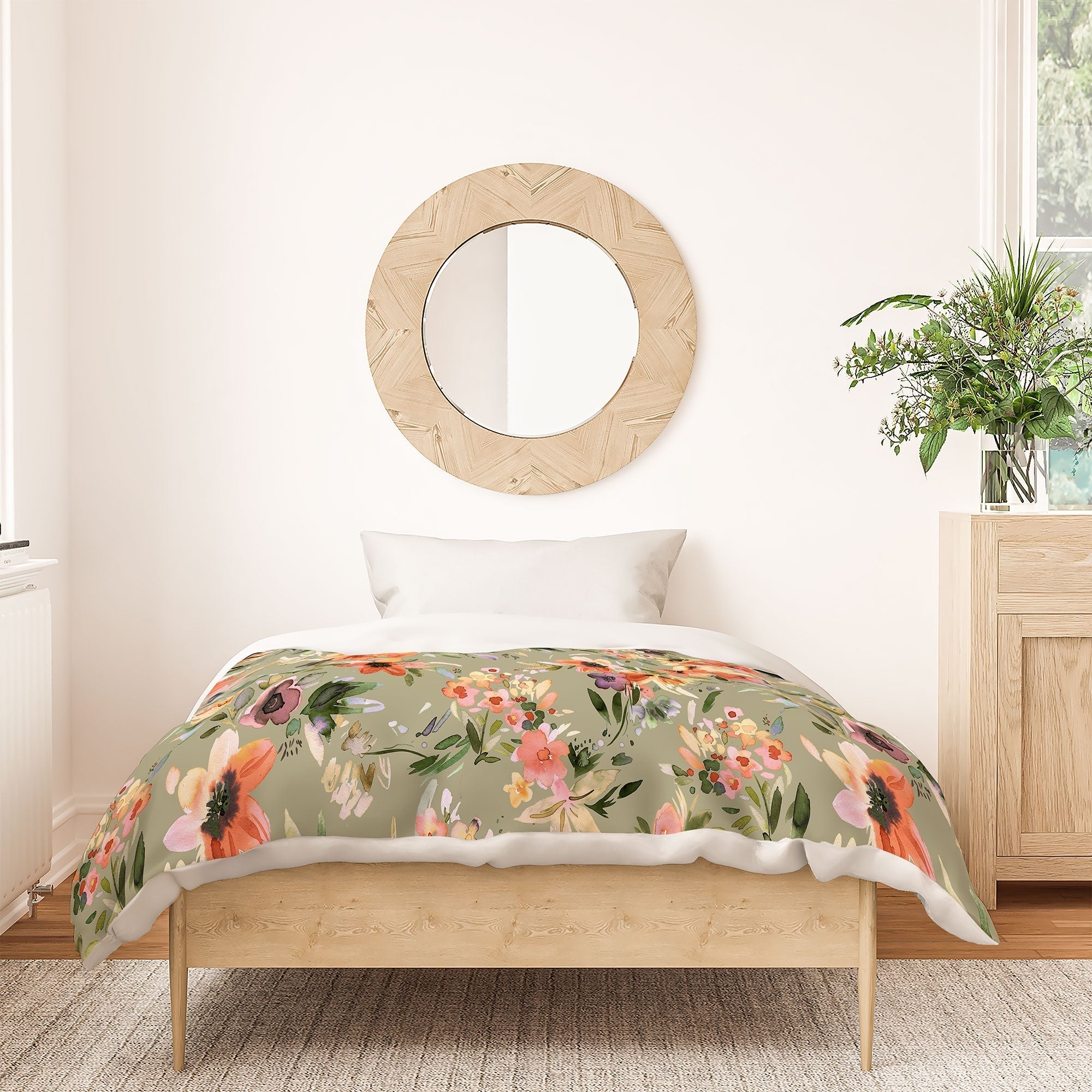 Ninola Design Botanic Retreat Painterly Tropical Flowers Sage Green Duvet Cover
