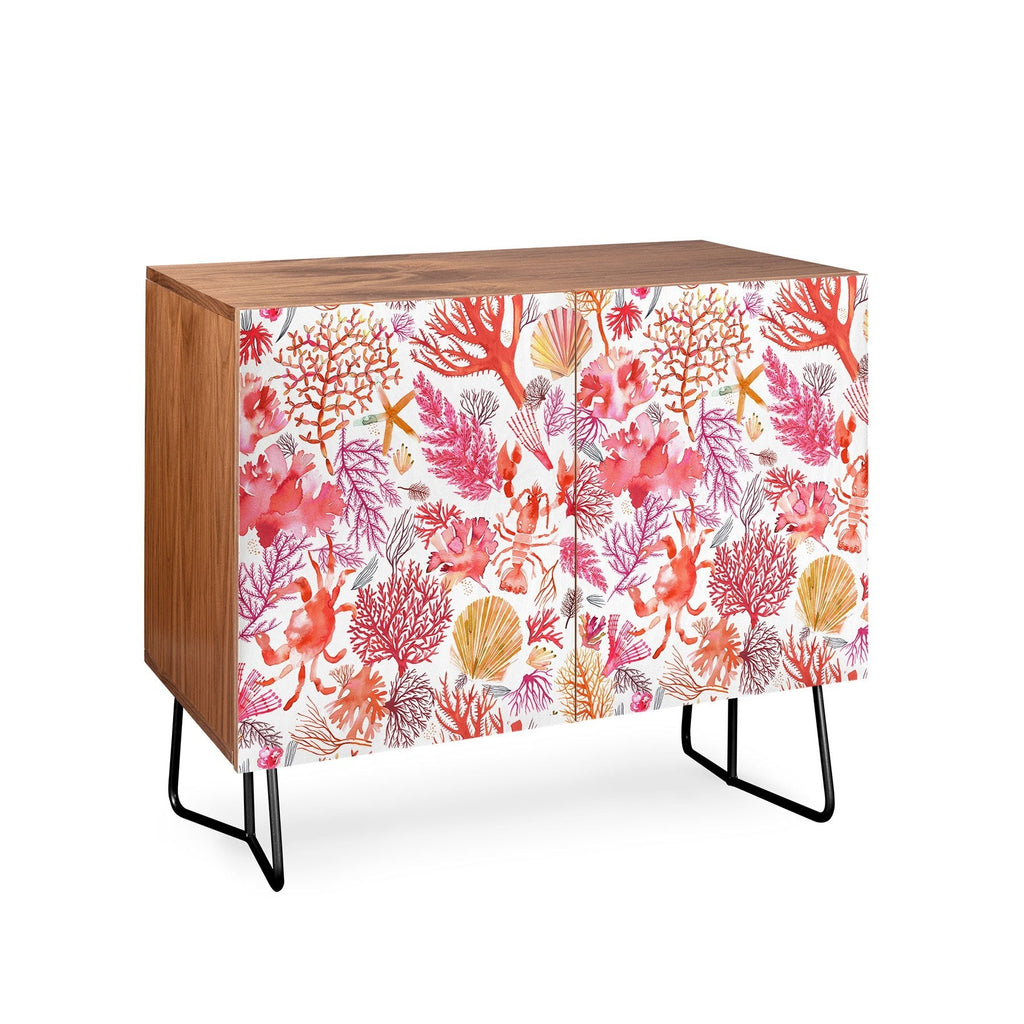 Ninola Design Botanic Retreat Coral Reef Crab Lobster Red Credenza