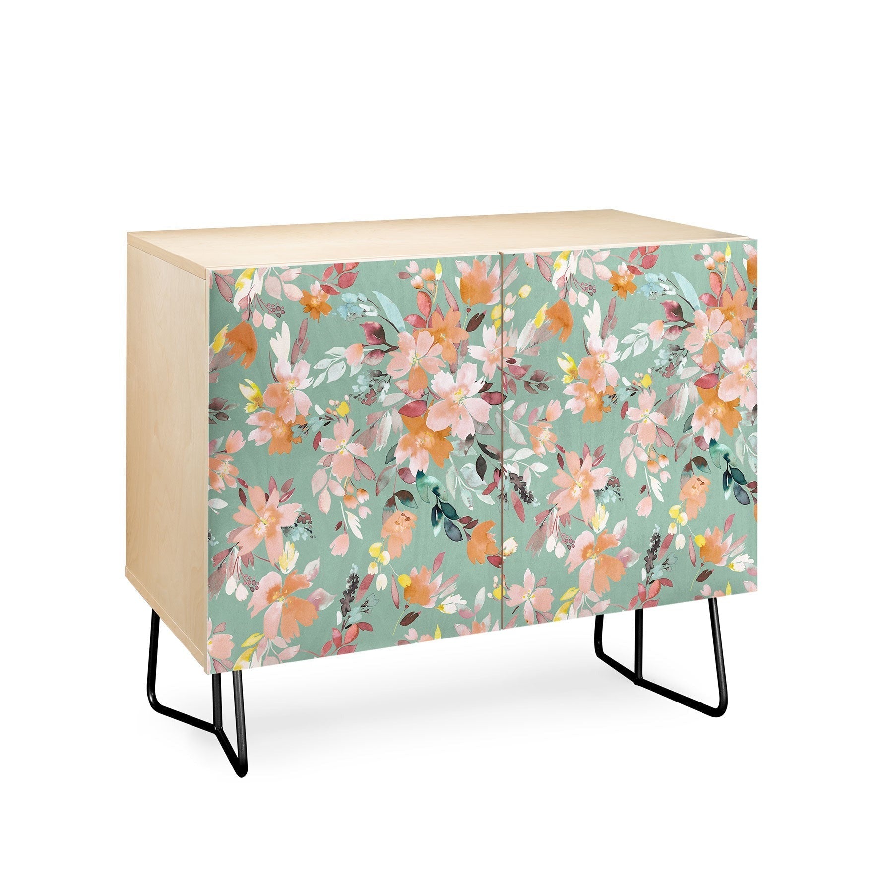 Ninola Design Botanic Retreat Floral Oleander Whimsical Teal Green Credenza