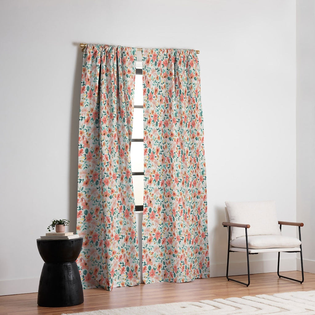 Ninola Design Botanic Retreat Tropical Whimsical Flowers Coral Green Blackout Window Curtain