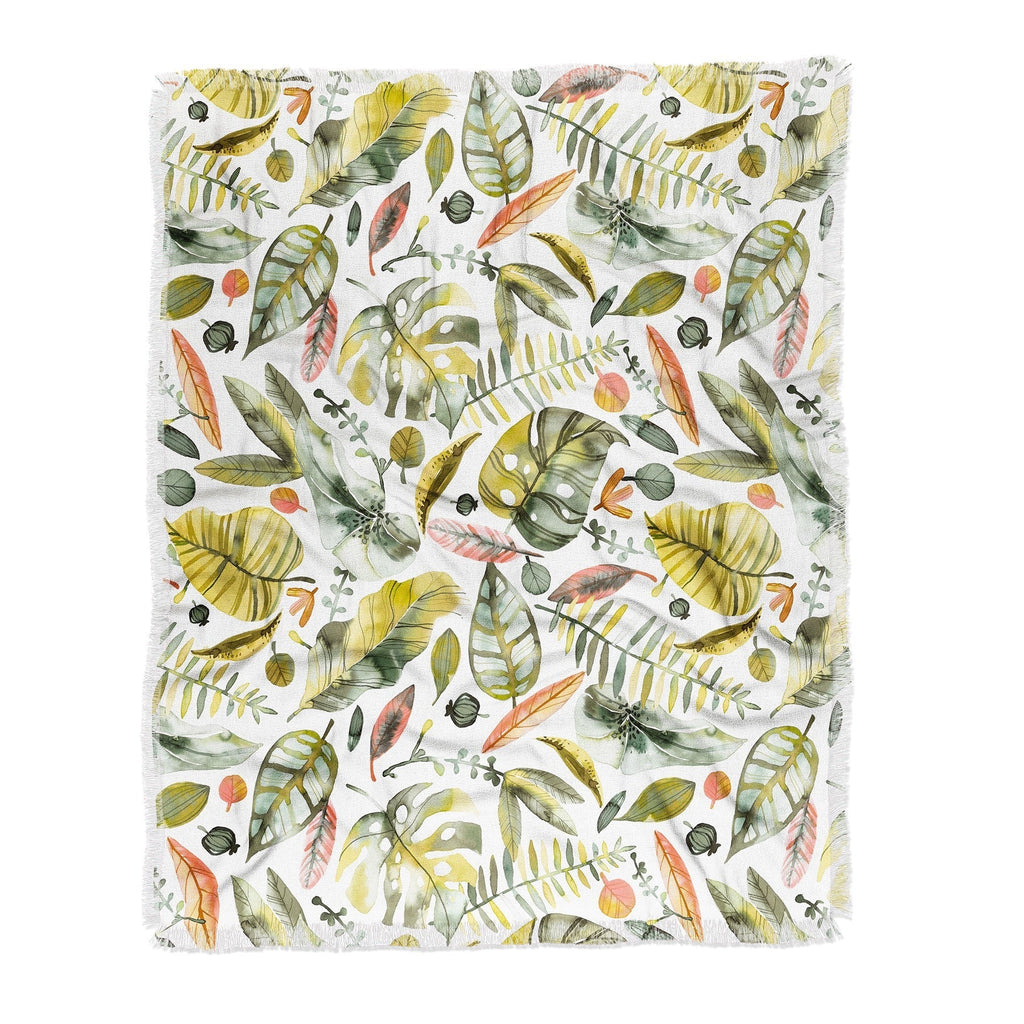 Ninola Design Botanic Retreat Tropical Jungle Leaves Botanical Green Orange Throw Blanket