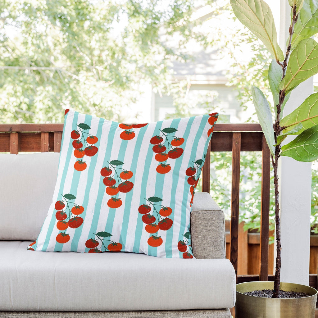 Design by Spark Zesty Tomatoes and Stripes Outdoor Throw Pillow