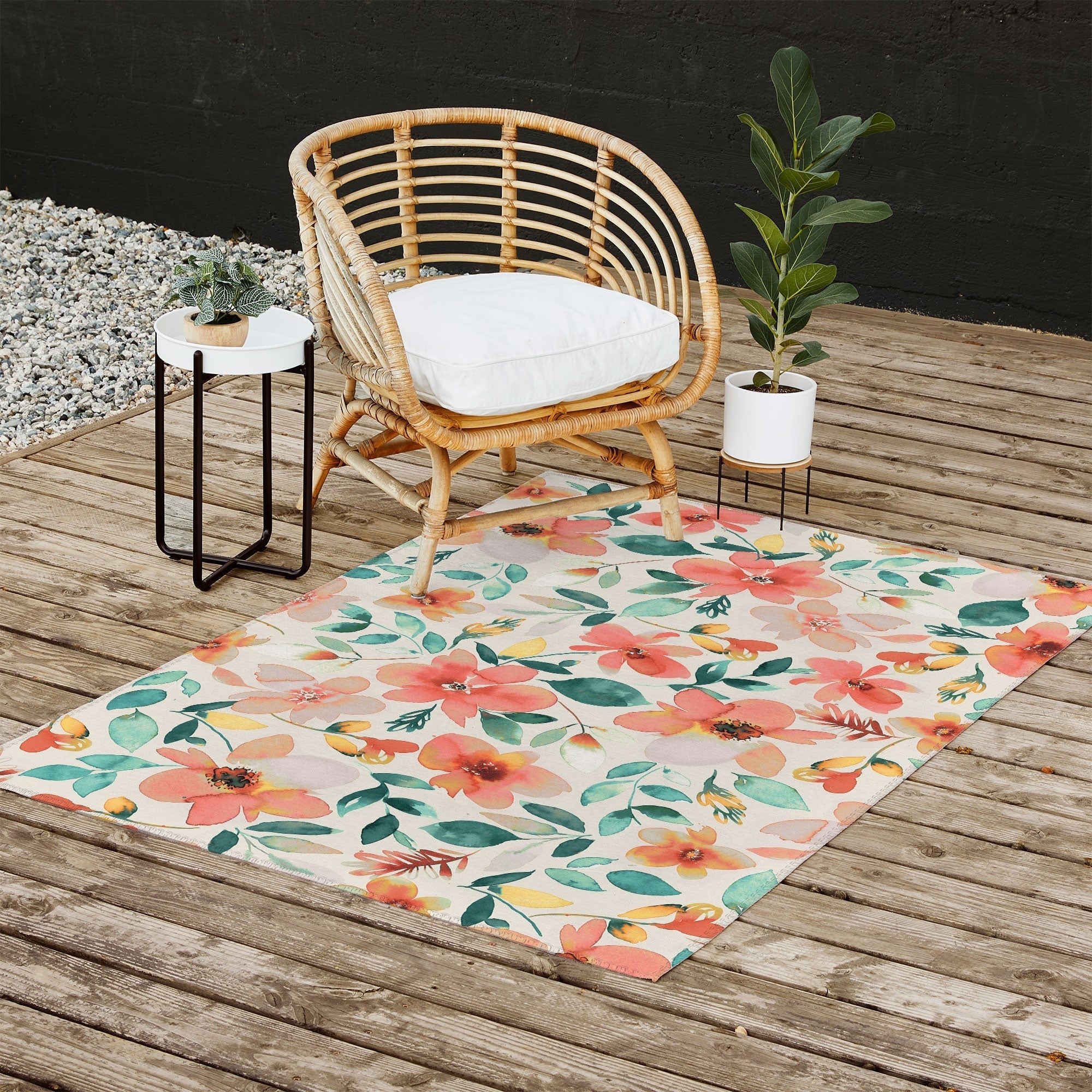 Ninola Design Botanic Retreat Tropical Whimsical Flowers Coral Green Outdoor Rug