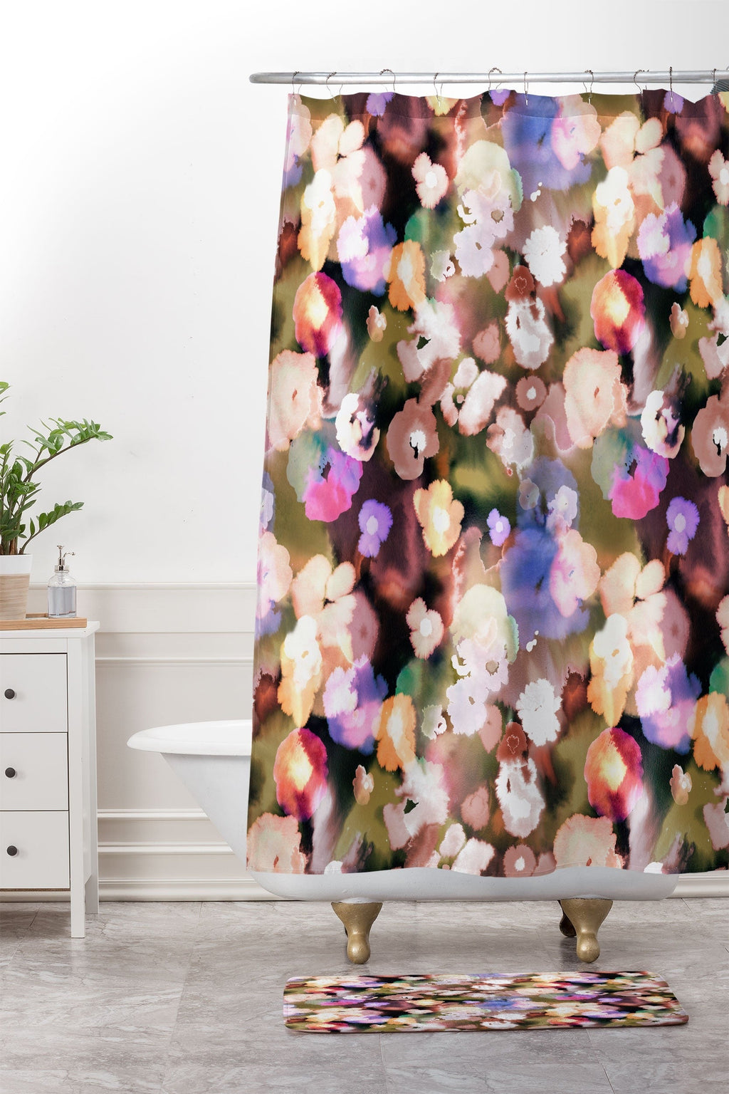 Ninola Design Botanic Retreat Ombre Abstract Watercolor Flowers Pink gold Memory Foam Bath Mat