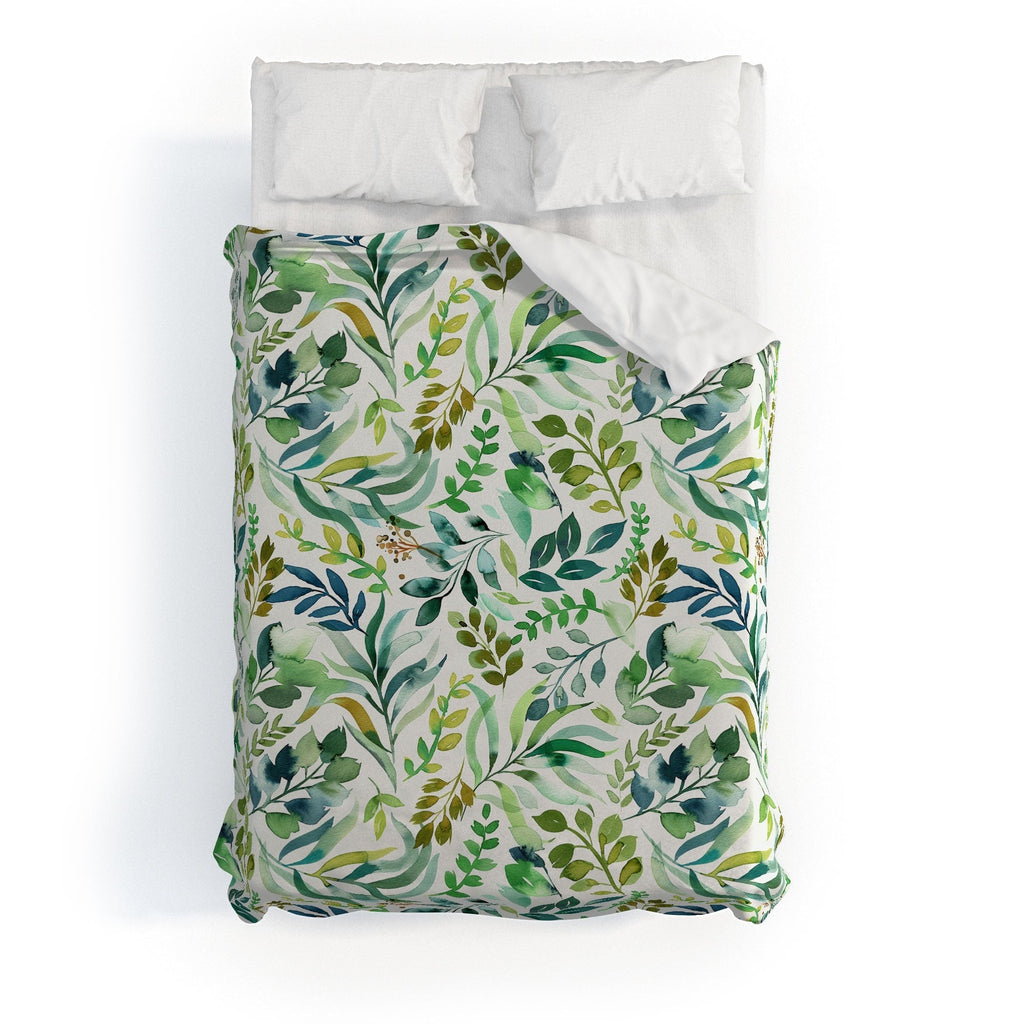 Ninola Design Botanic Retreat Loose Botanical Leaves Watercolor Green Duvet Cover