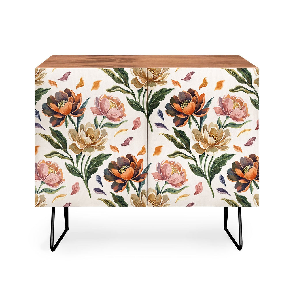 Marta Barragan Camarasa Hand Painted Peony Florals Credenza