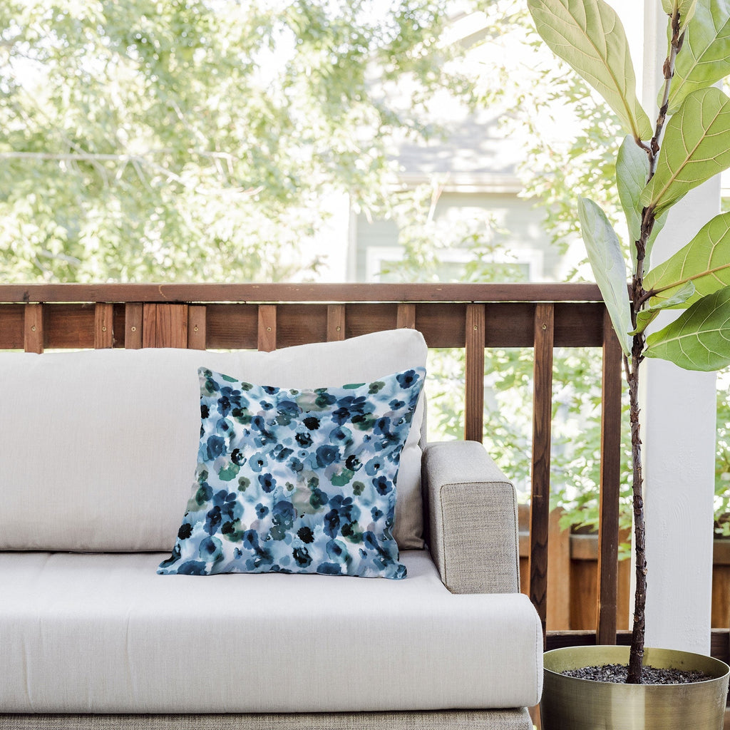 Ninola Design Botanic Retreat Ombre Abstract Watercolor Flowers Blue Navy Outdoor Throw Pillow