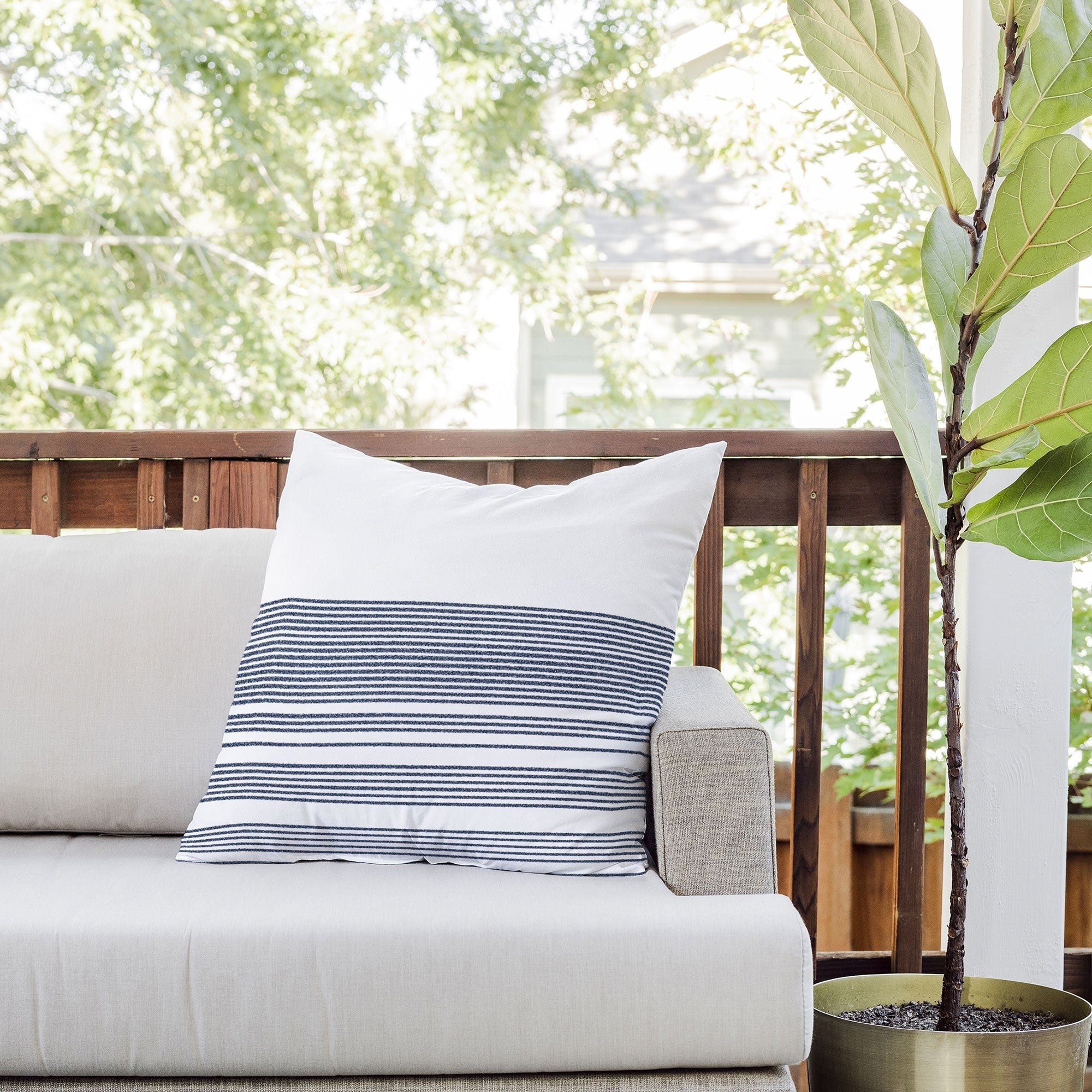Kierkegaard Design Studio organic stripes naut navy blue and white Outdoor Throw Pillow
