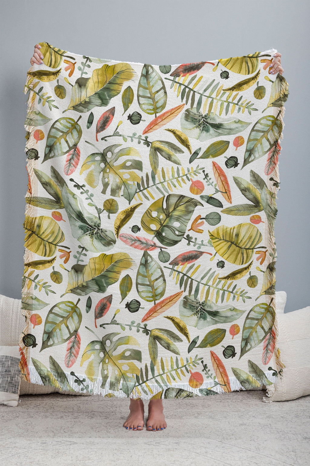 Ninola Design Botanic Retreat Tropical Jungle Leaves Botanical Green Orange Throw Blanket