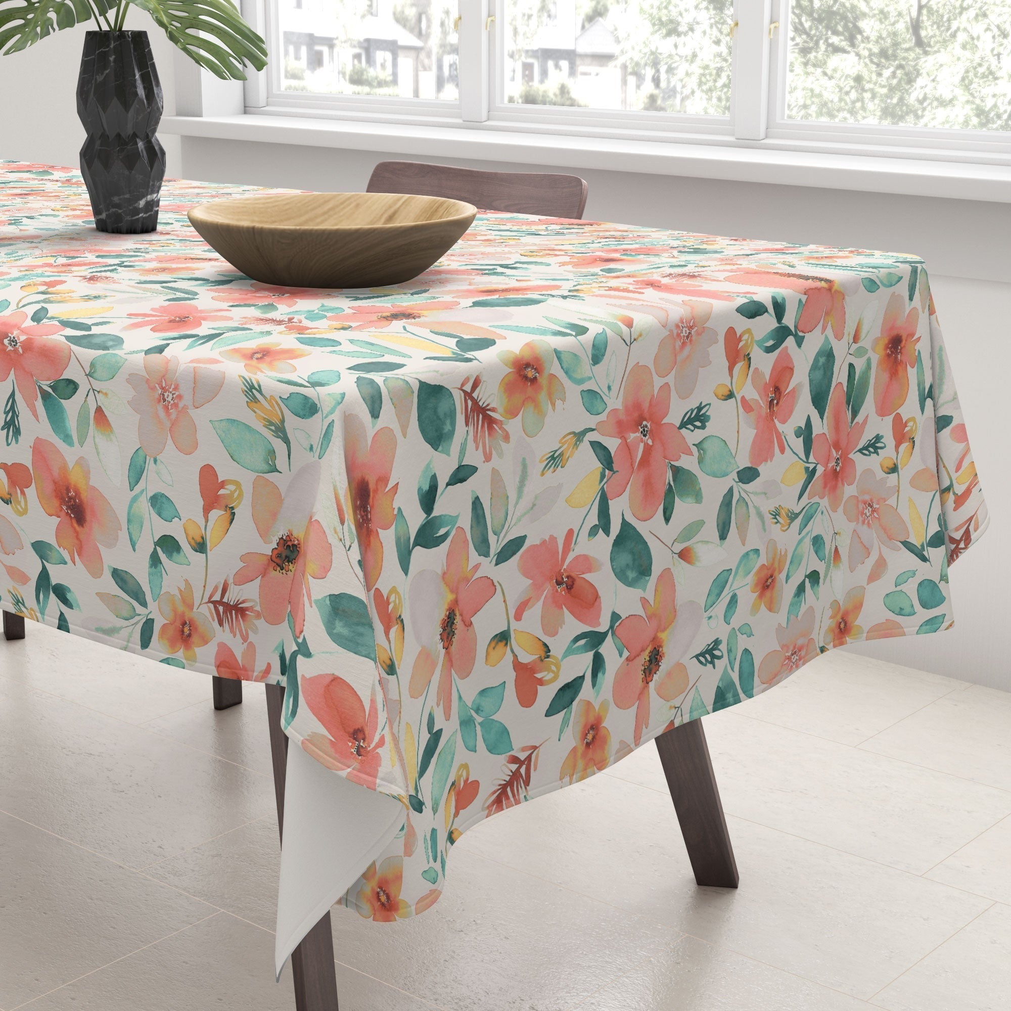 Ninola Design Botanic Retreat Tropical Whimsical Flowers Coral Green Tablecloth