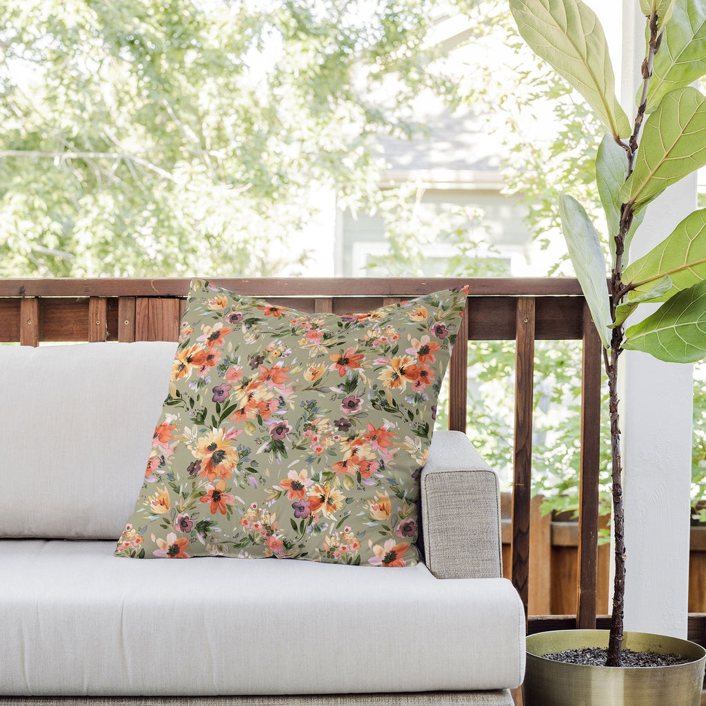 Ninola Design Botanic Retreat Painterly Tropical Flowers Sage Green Outdoor Throw Pillow