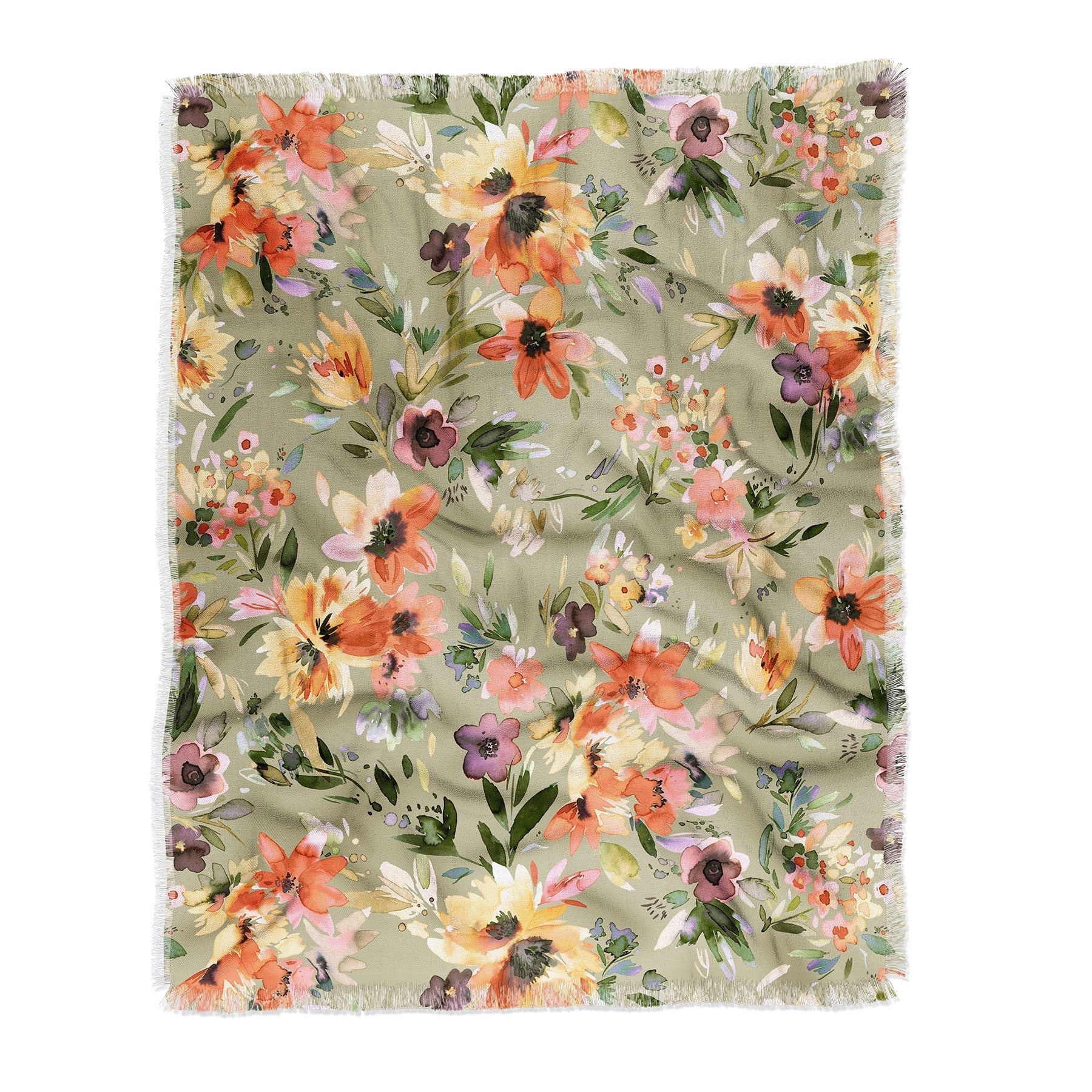 Ninola Design Botanic Retreat Painterly Tropical Flowers Sage Green Throw Blanket