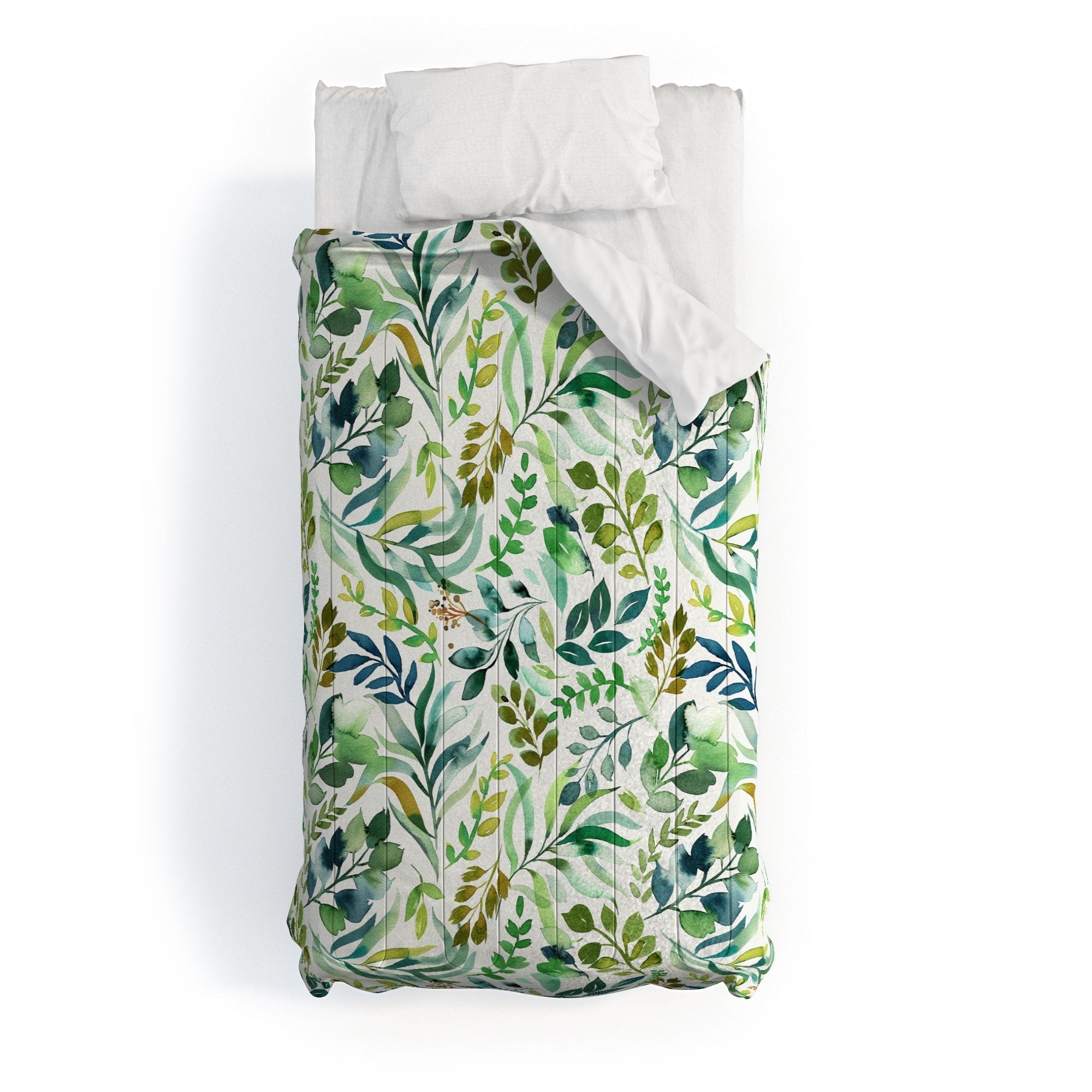 Ninola Design Botanic Retreat Loose Botanical Leaves Watercolor Green Comforter