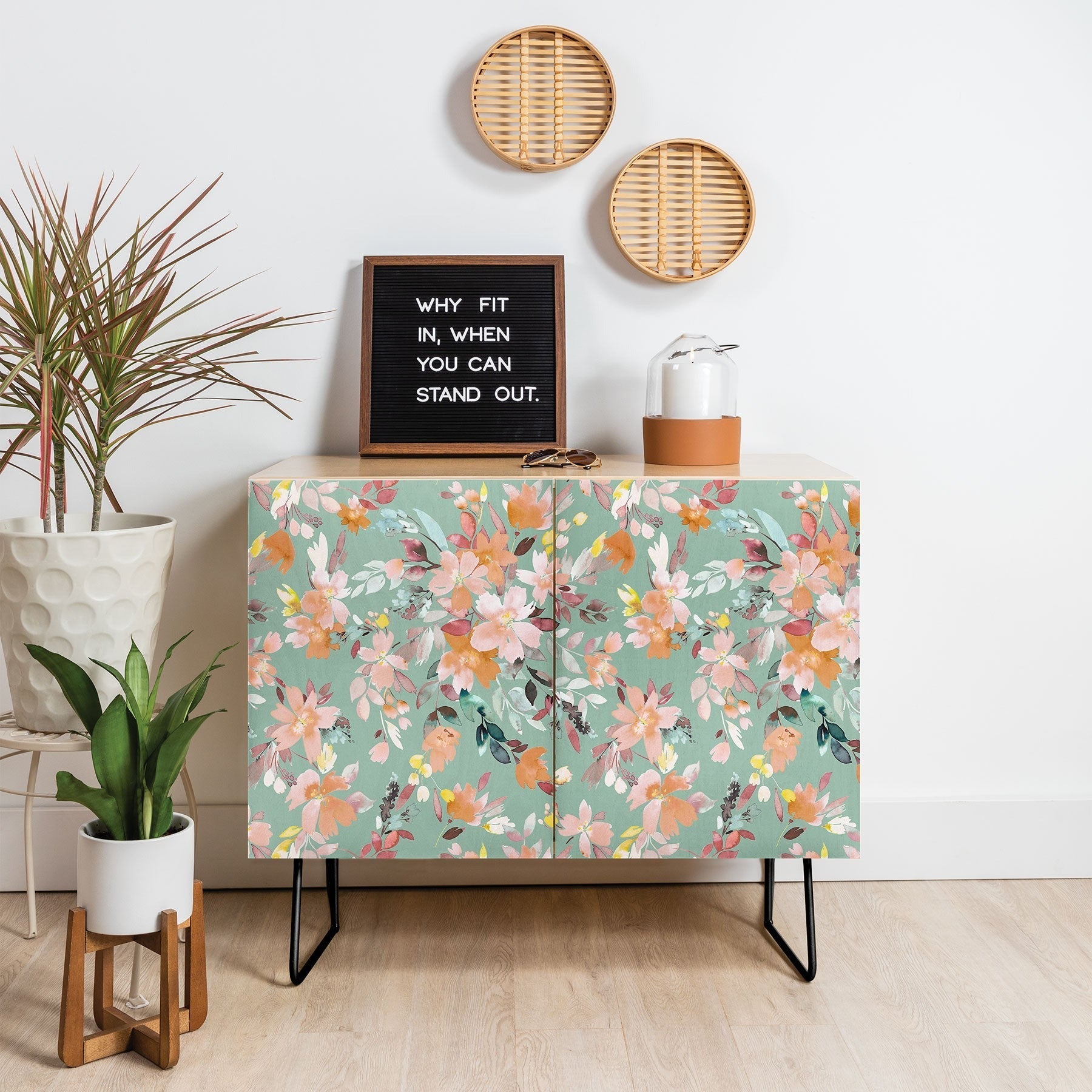 Ninola Design Botanic Retreat Floral Oleander Whimsical Teal Green Credenza