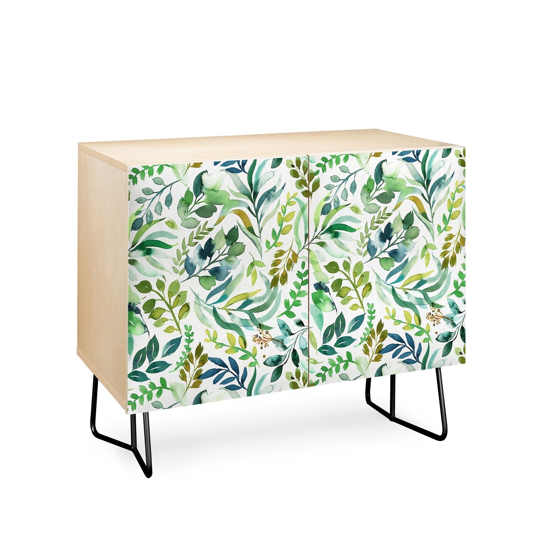 Ninola Design Botanic Retreat Loose Botanical Leaves Watercolor Green Credenza