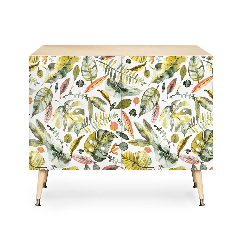 Ninola Design Botanic Retreat Tropical Jungle Leaves Botanical Green Orange Credenza