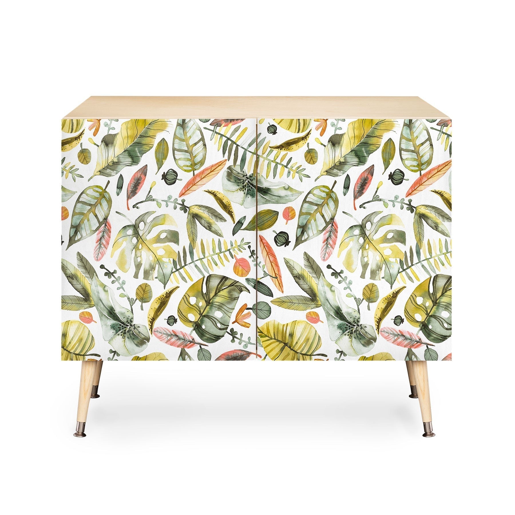 Ninola Design Botanic Retreat Tropical Jungle Leaves Botanical Green Orange Credenza