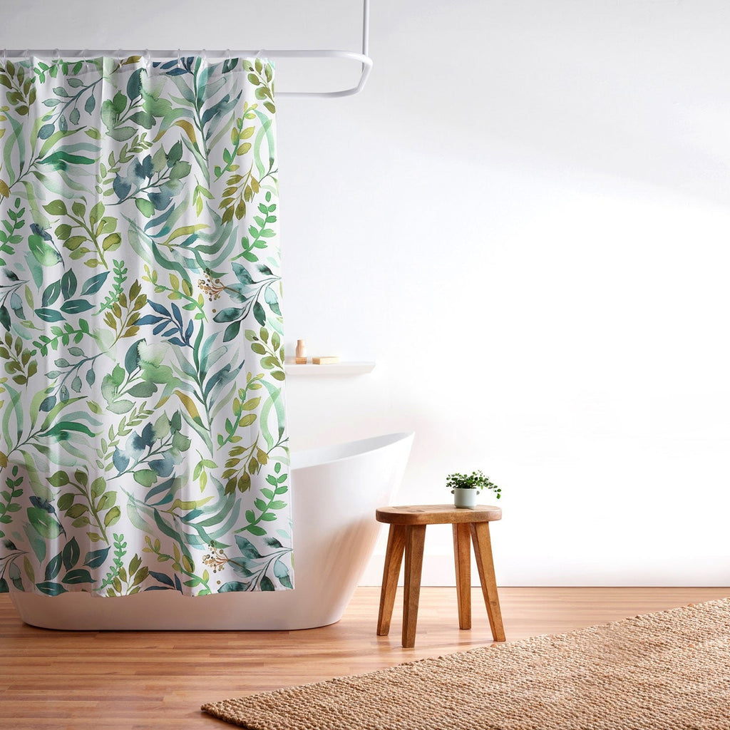 Ninola Design Botanic Retreat Loose Botanical Leaves Watercolor Green Shower Curtain
