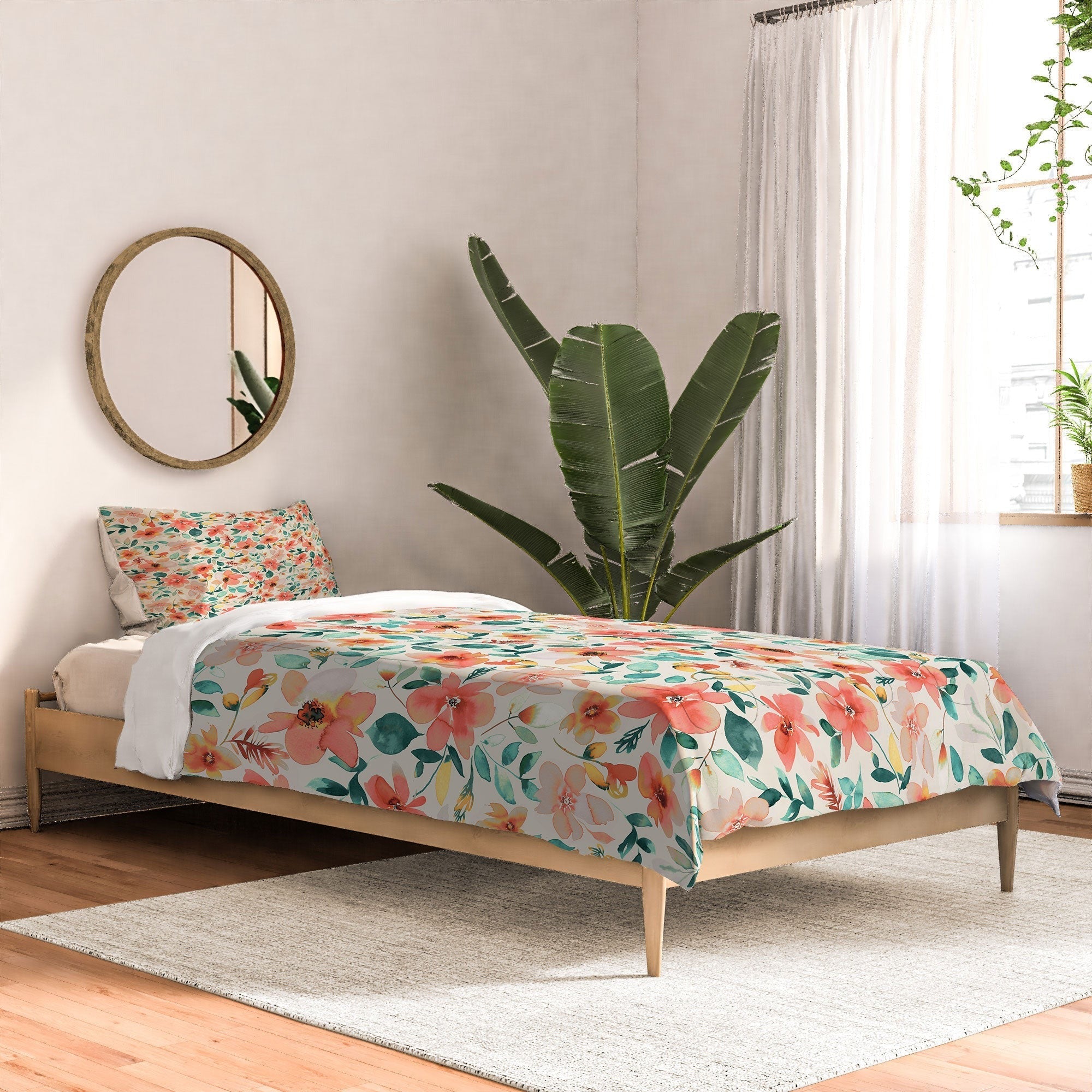 Ninola Design Botanic Retreat Tropical Whimsical Flowers Coral Green Comforter