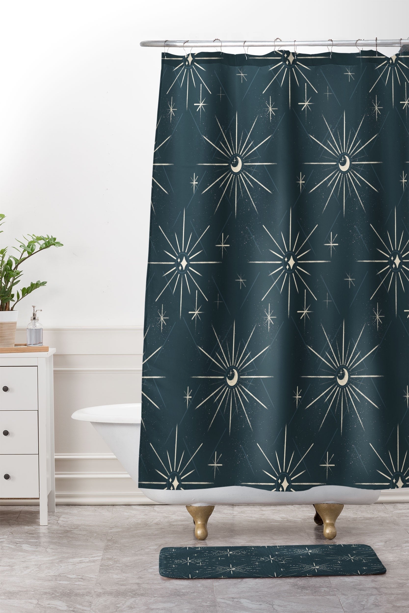Little Om Pattern Little Moon navy Shower Curtain And Mat