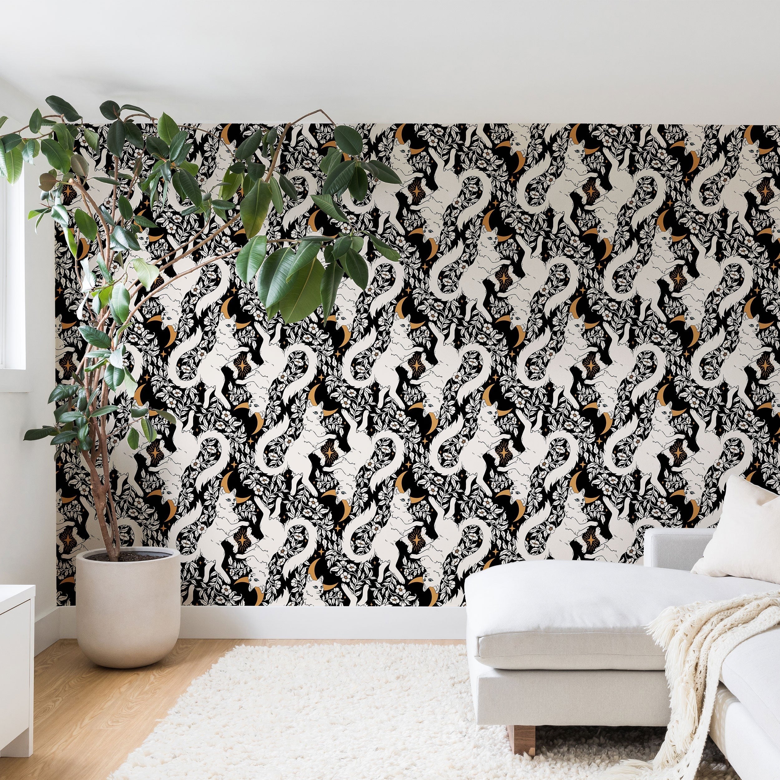 Avenie Celestial Cats Gold Wall Mural