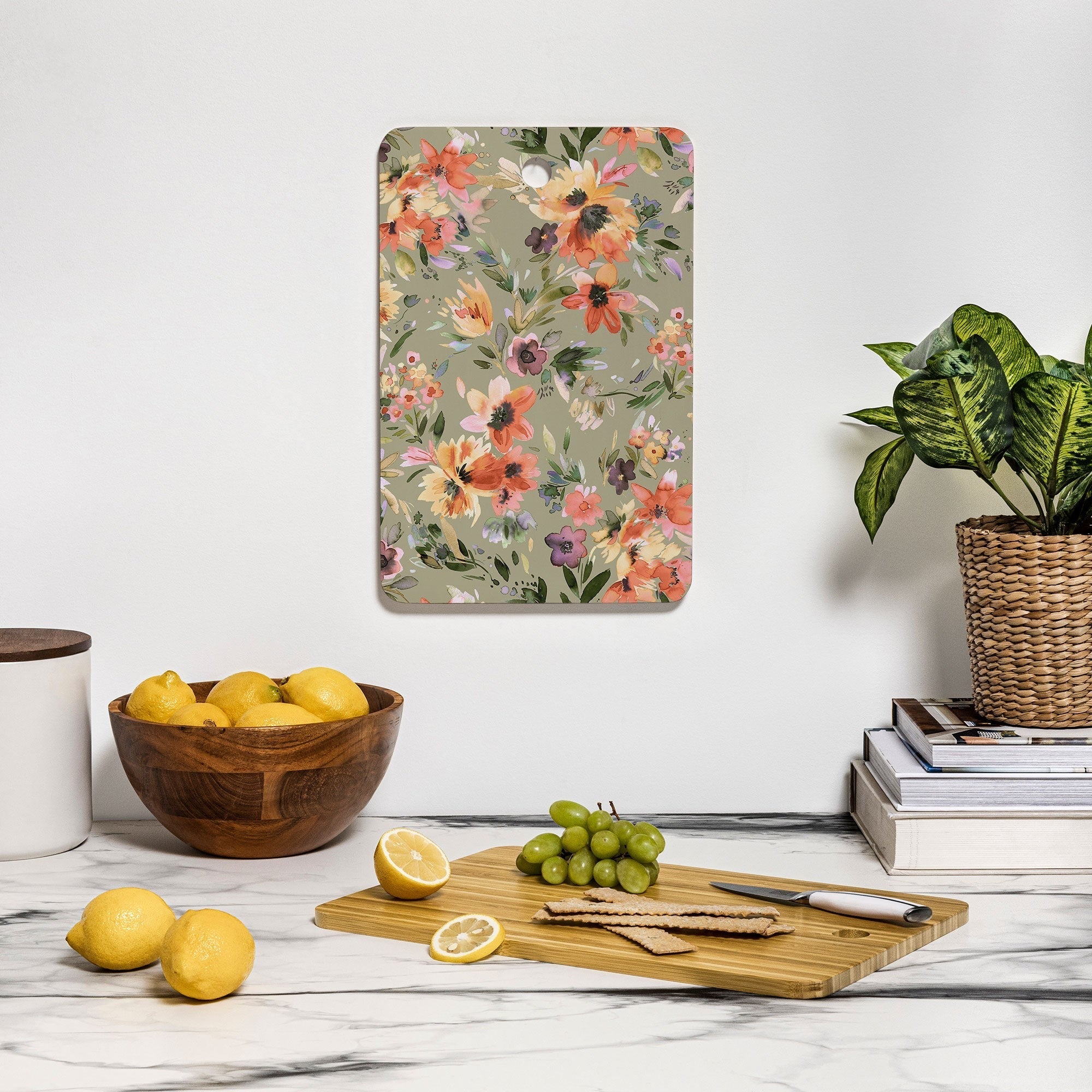 Ninola Design Botanic Retreat Painterly Tropical Flowers Sage Green Cutting Board Rectangle