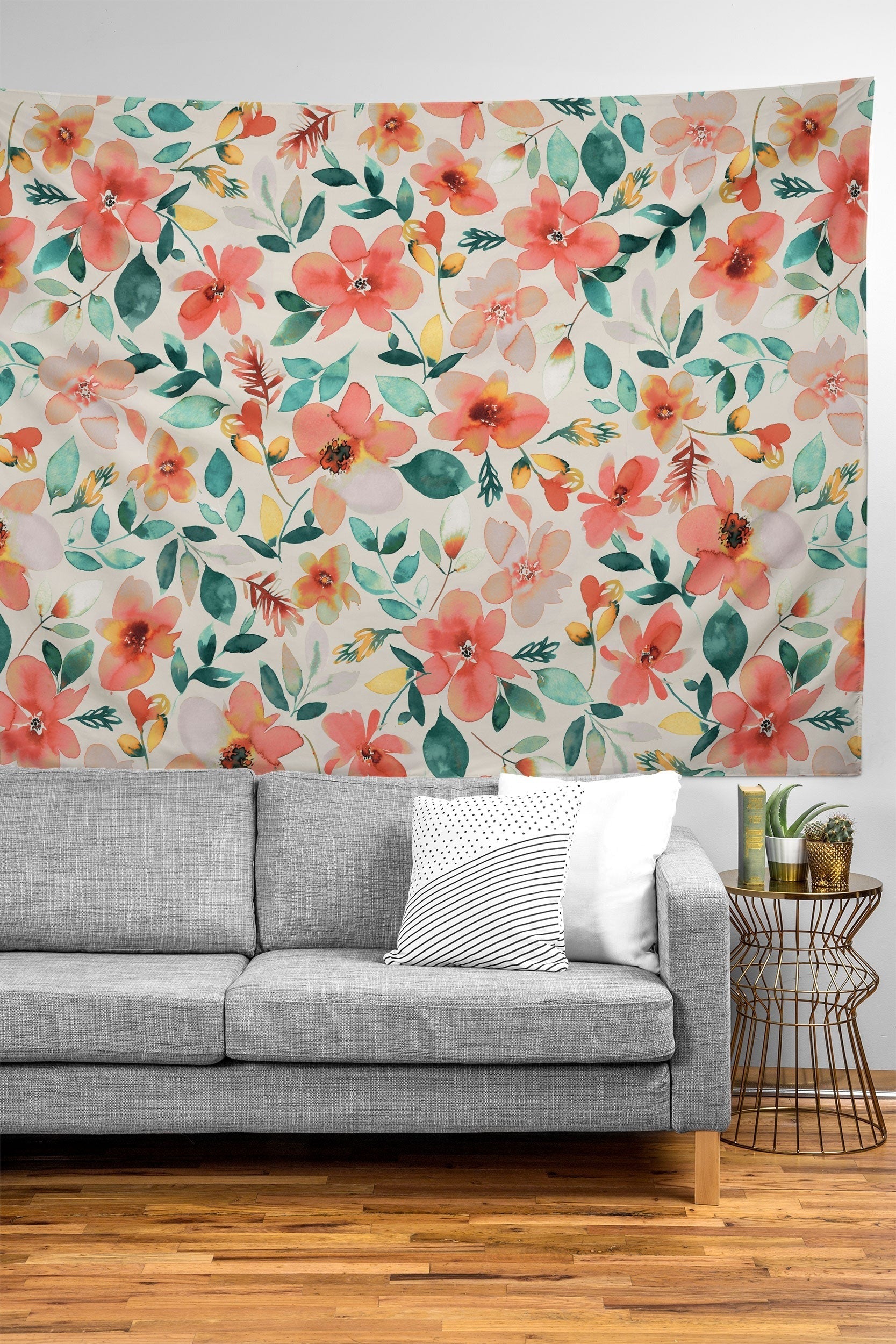 Ninola Design Botanic Retreat Tropical Whimsical Flowers Coral Green Tapestry