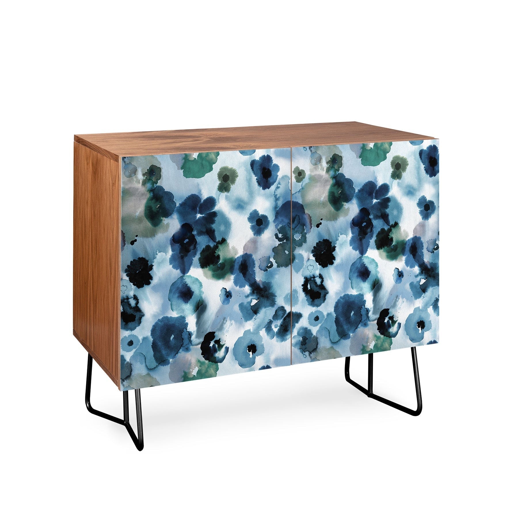 Ninola Design Botanic Retreat Ombre Abstract Watercolor Flowers Blue Navy Credenza