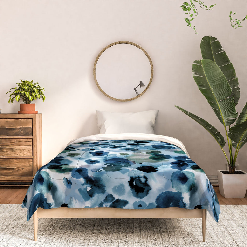 Ninola Design Botanic Retreat Ombre Abstract Watercolor Flowers Blue Navy Comforter