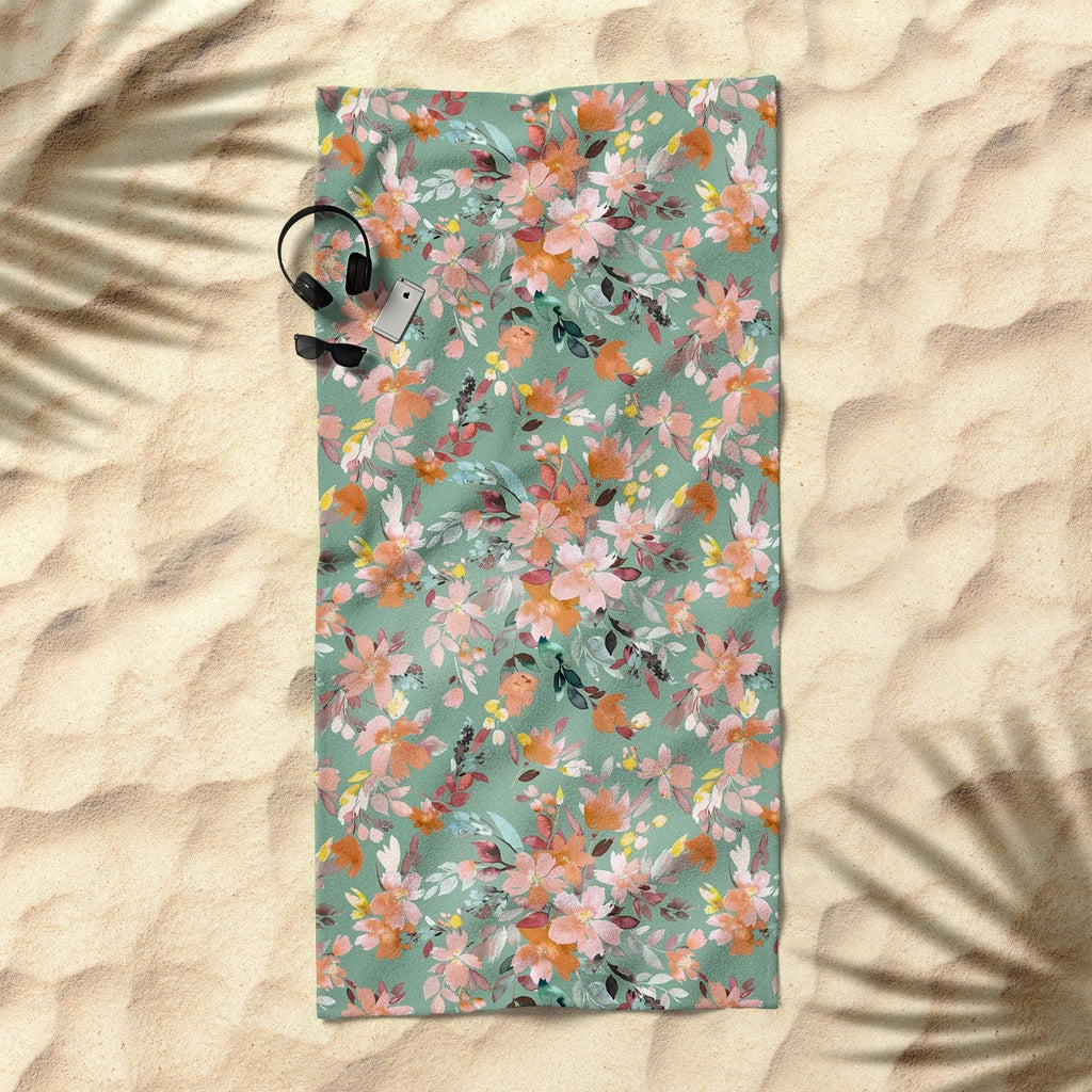 Ninola Design Botanic Retreat Floral Oleander Whimsical Teal Green Beach Towel