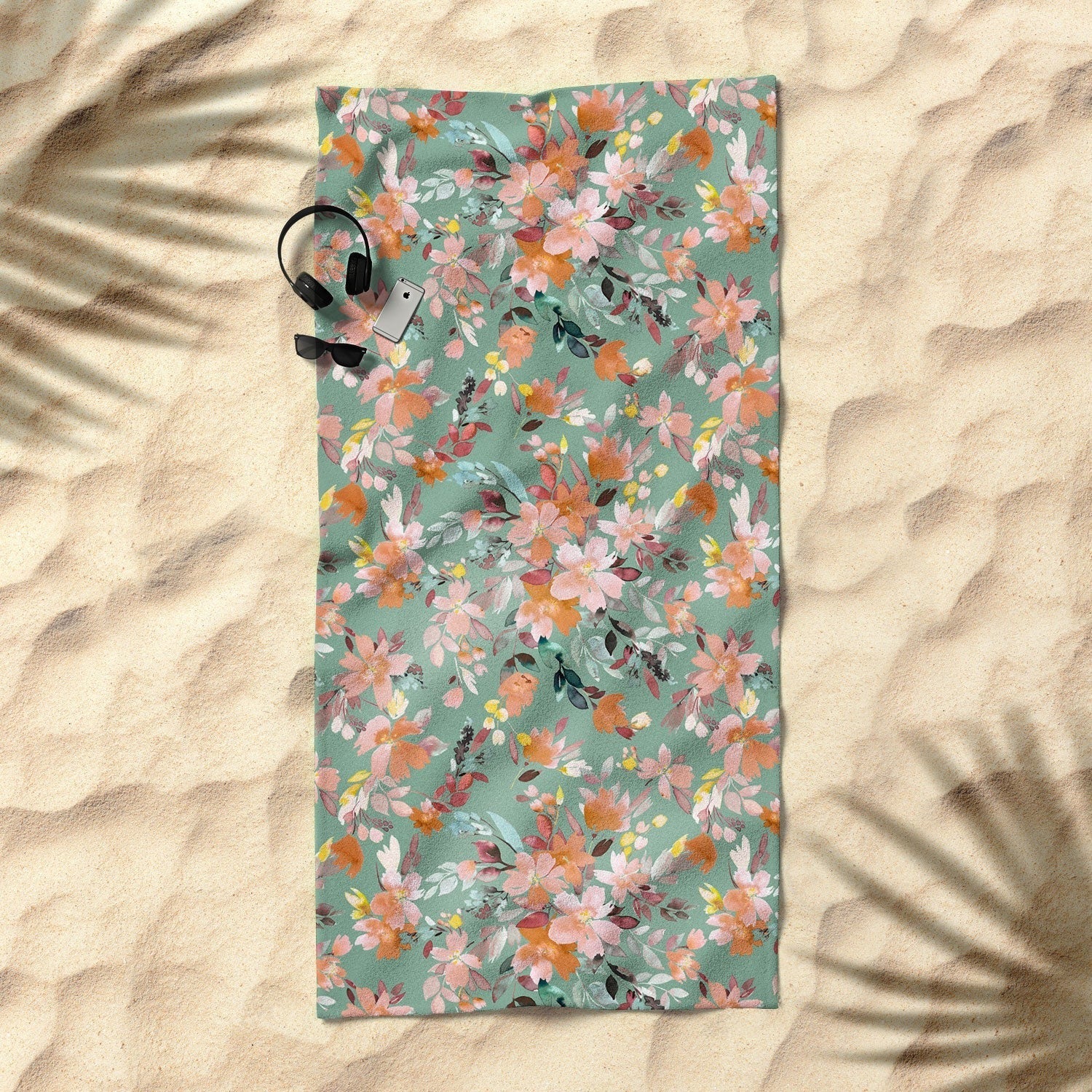 Ninola Design Botanic Retreat Floral Oleander Whimsical Teal Green Beach Towel