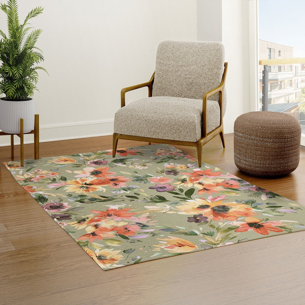 Ninola Design Botanic Retreat Painterly Tropical Flowers Sage Green Area Rug